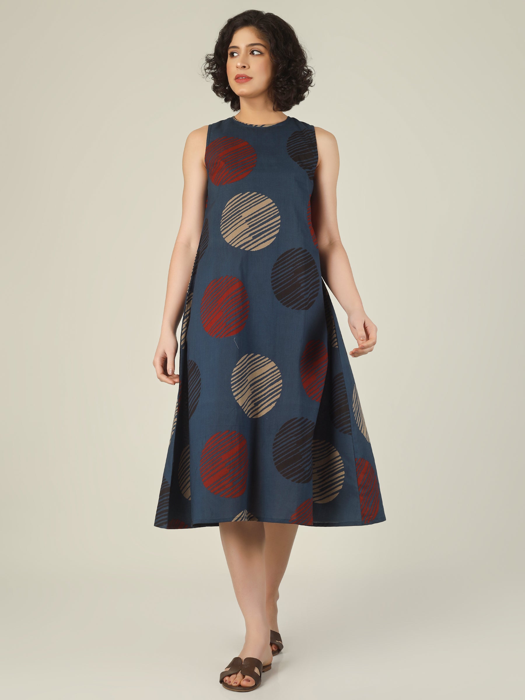 Blue Printed Sleeveless A-Line Cotton Dress