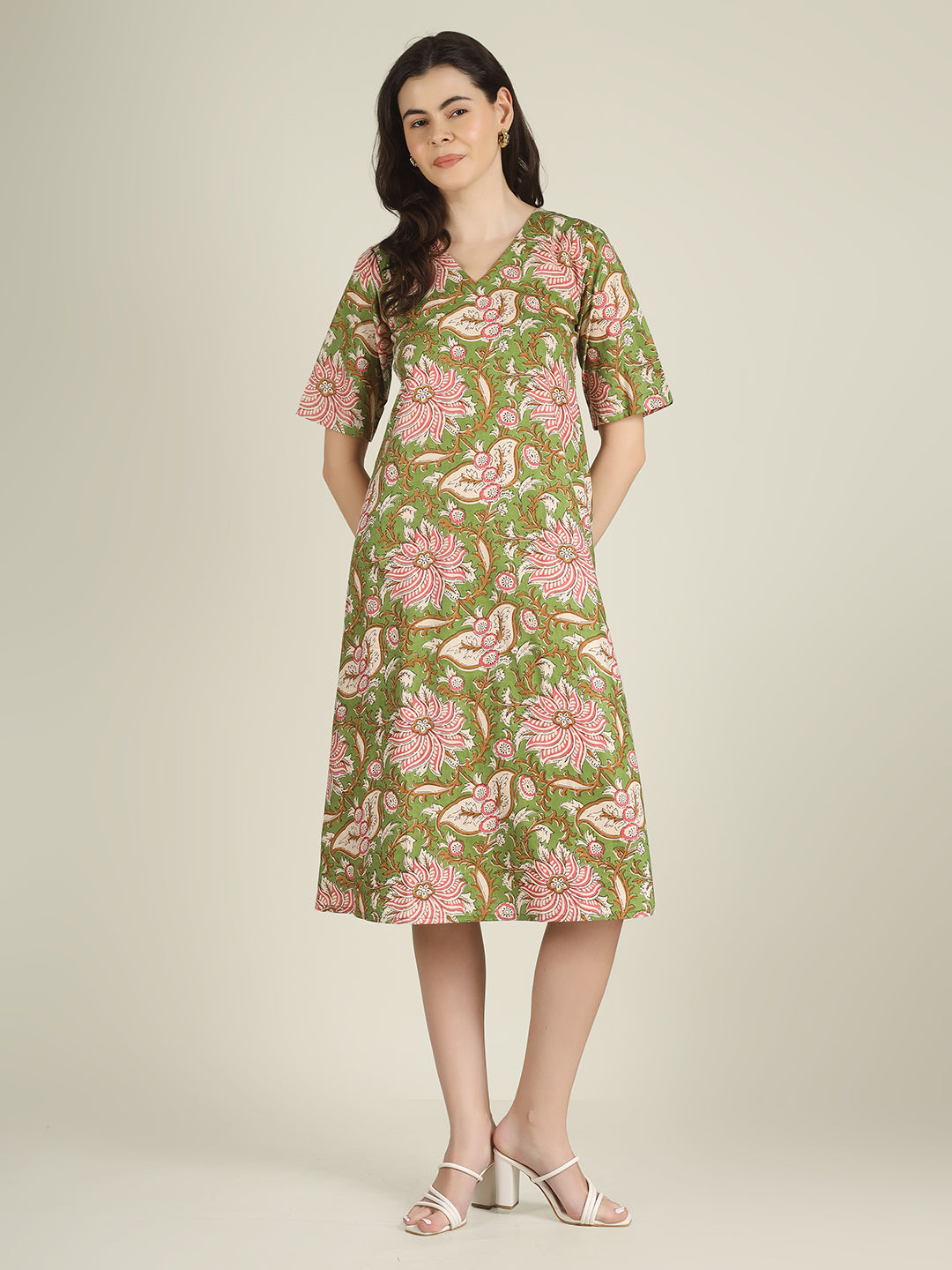 Green Printed Half-Sleeve A-Line Cotton Dress
