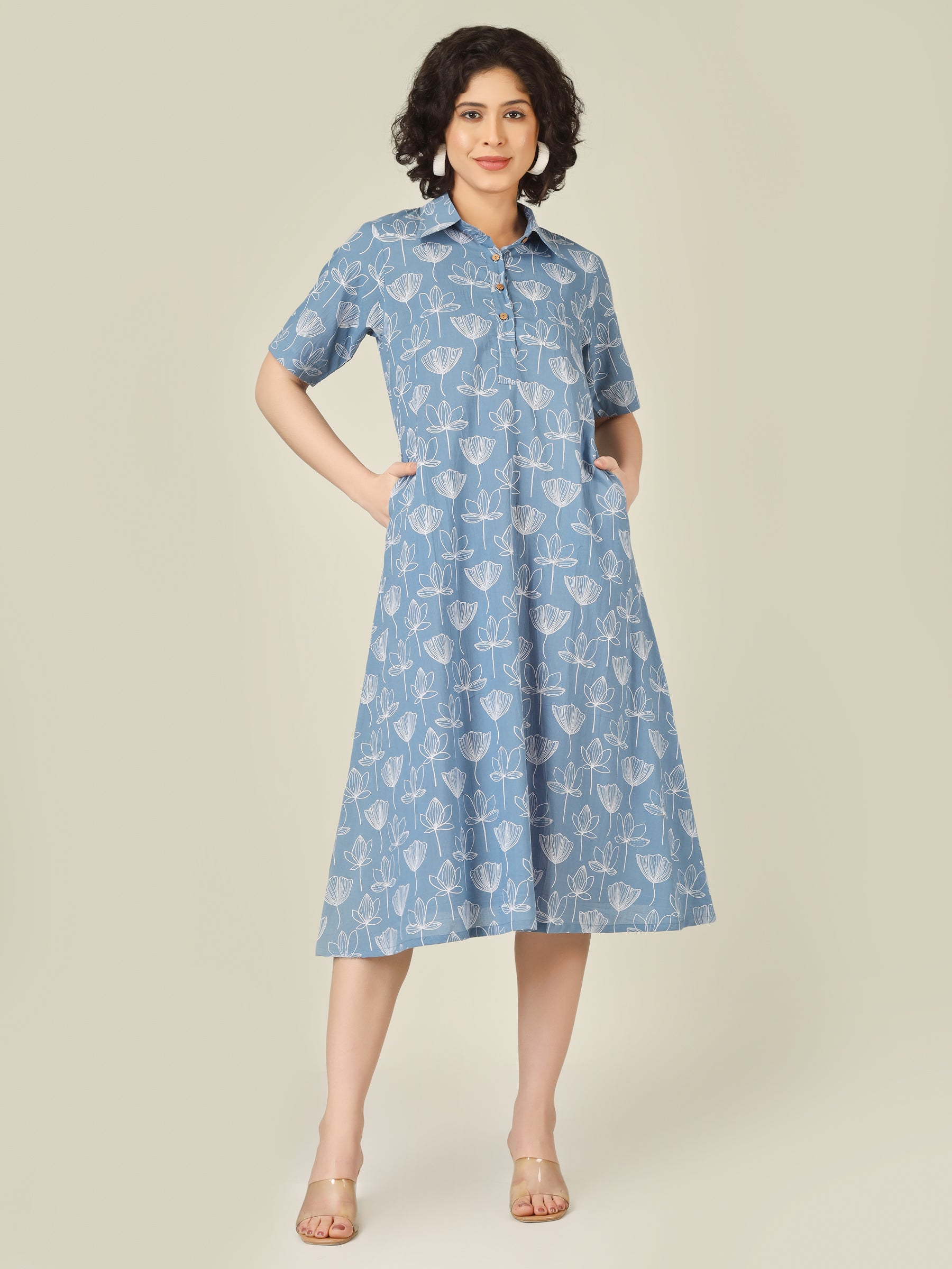 Sky Blue Printed A-Line Cotton Shirt Dress