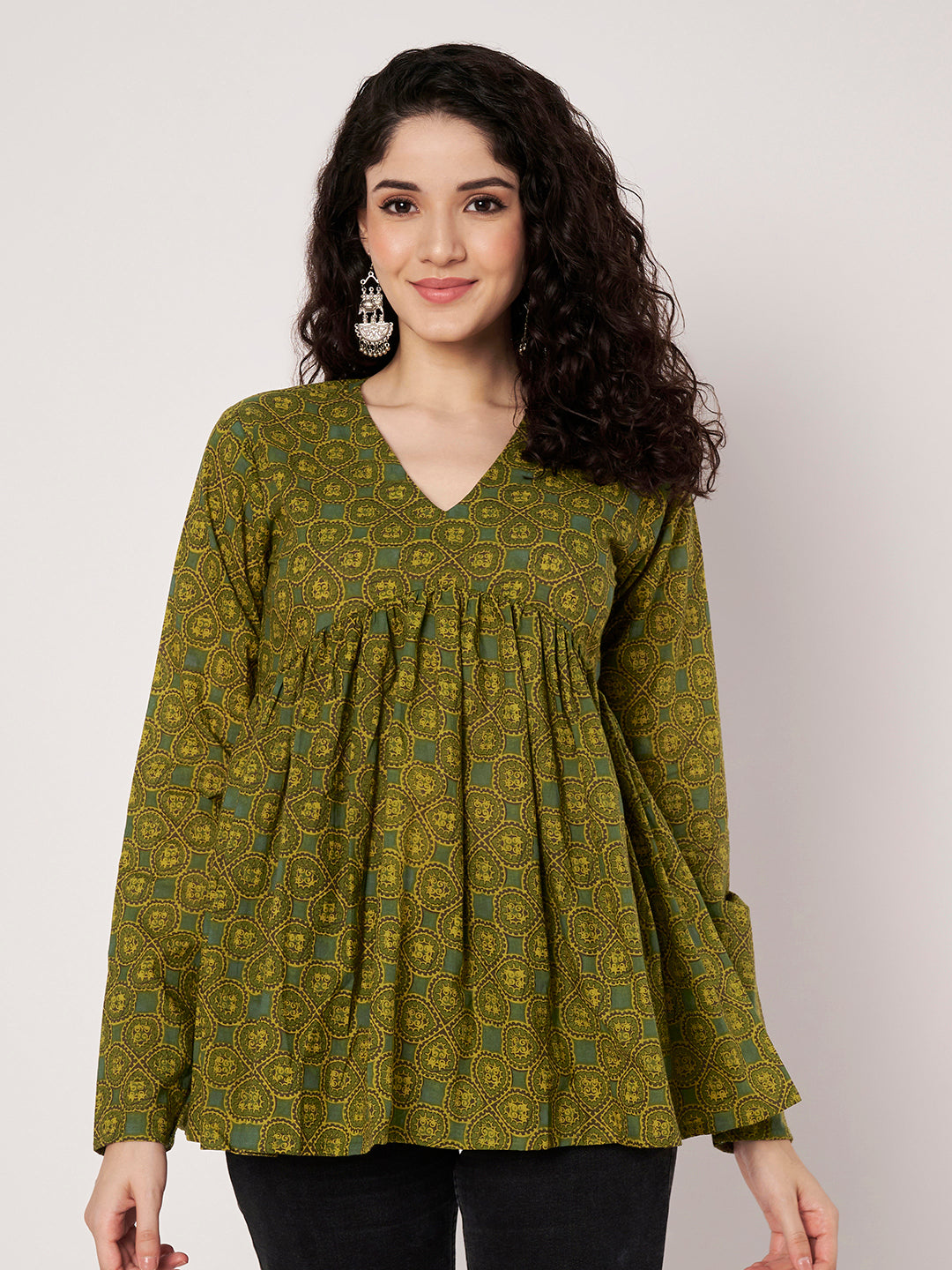 Green Printed Alia-Cut Cotton Top