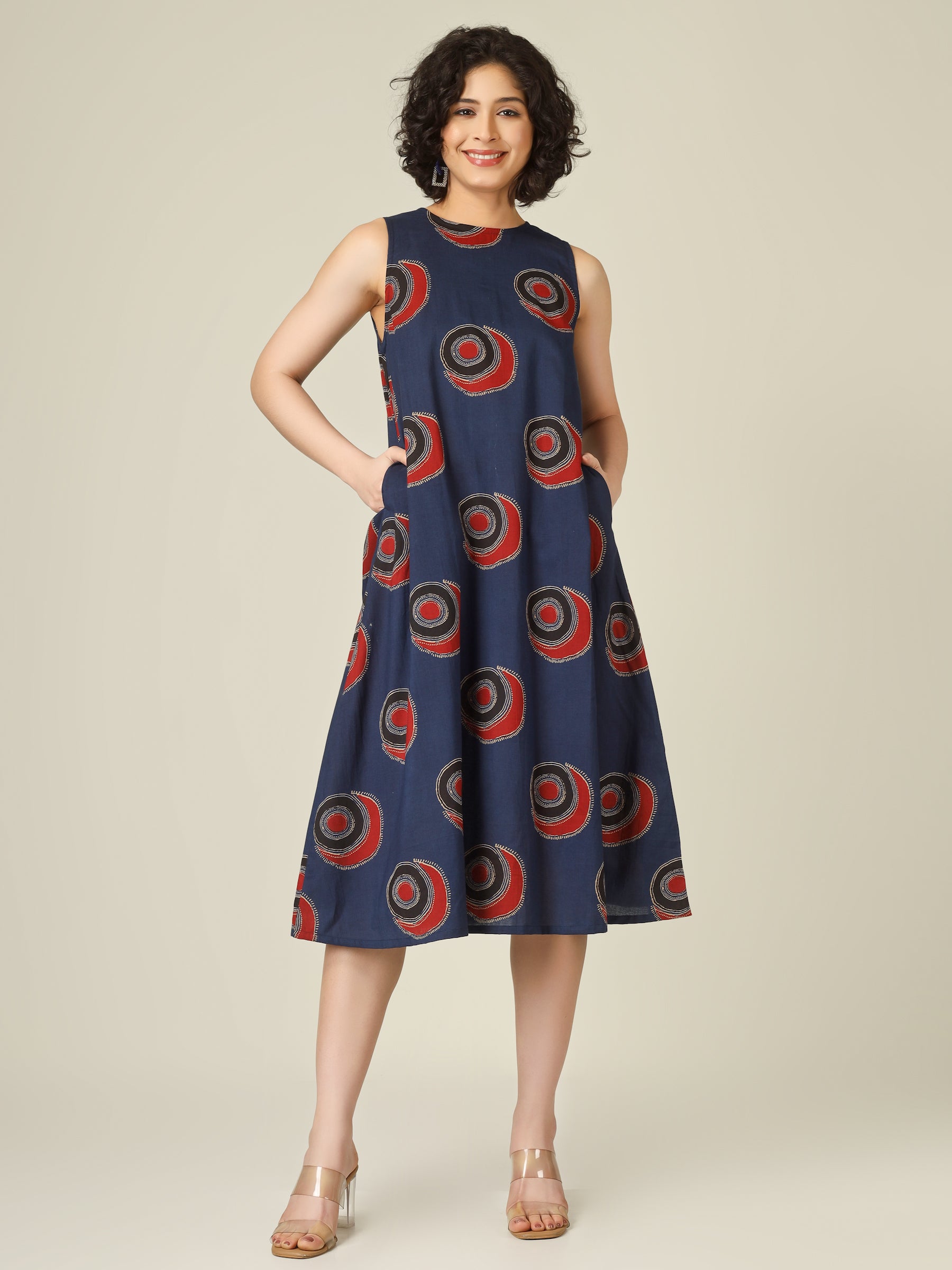 Blue Printed Sleeveless A-Line Cotton Dress