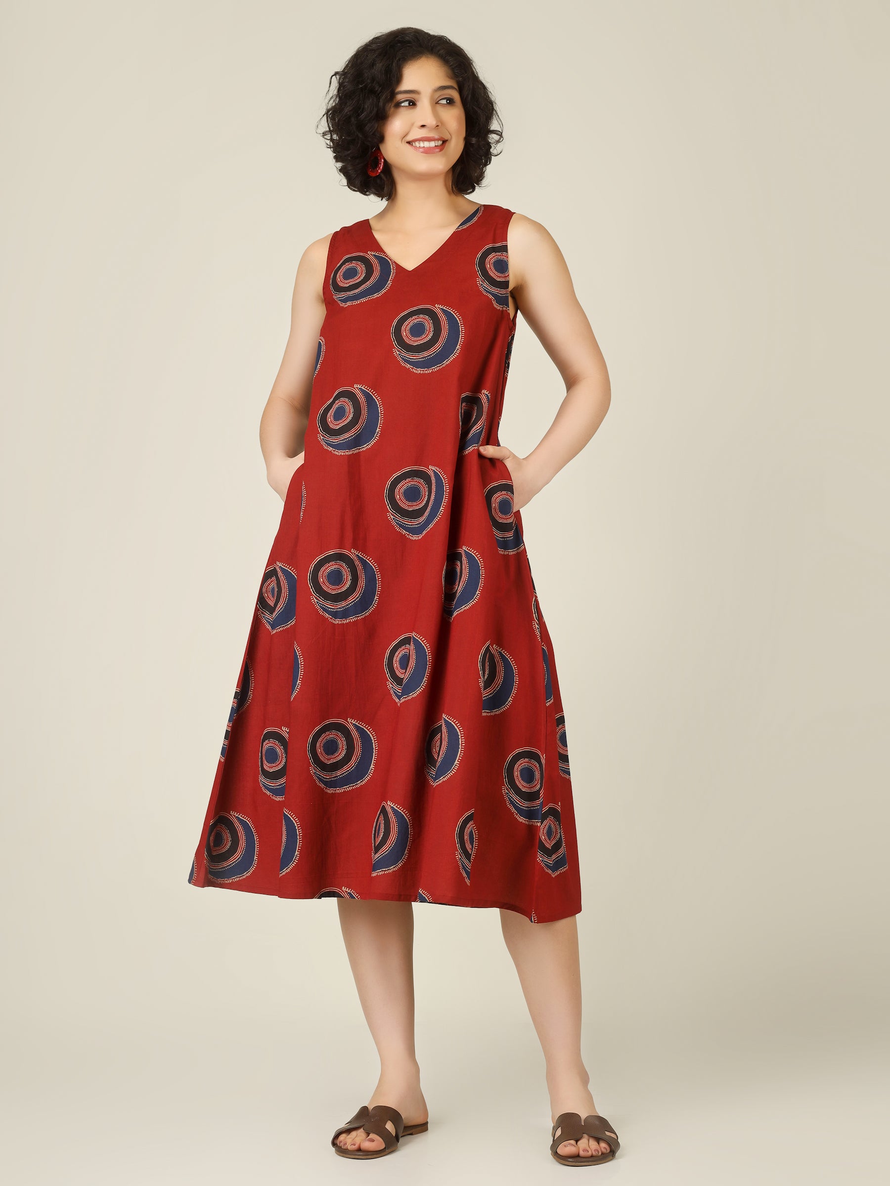 Maroon Printed V-Neck Sleeveless A-Line Cotton Dress