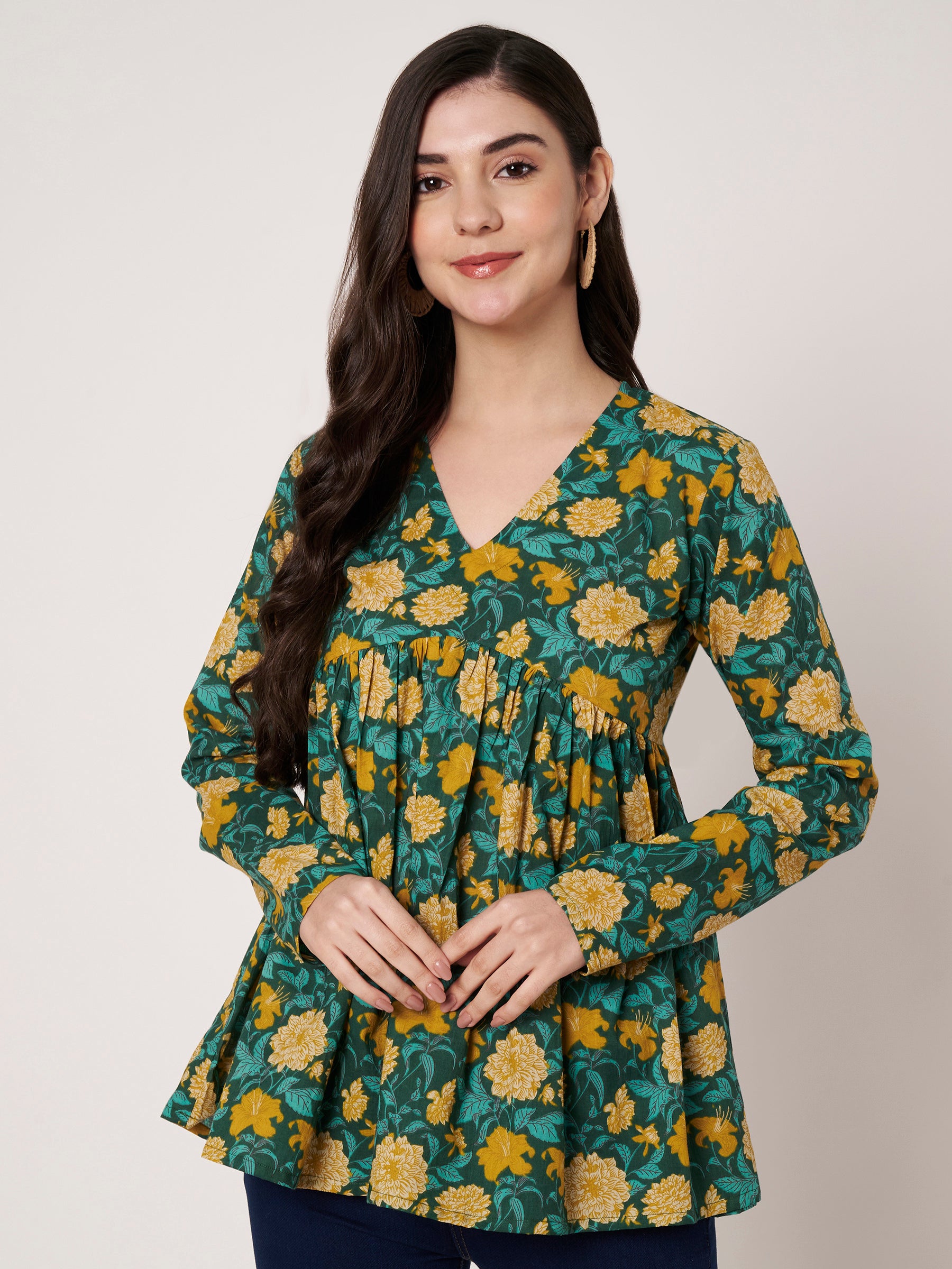 Green Printed Alia-Cut Cotton Top