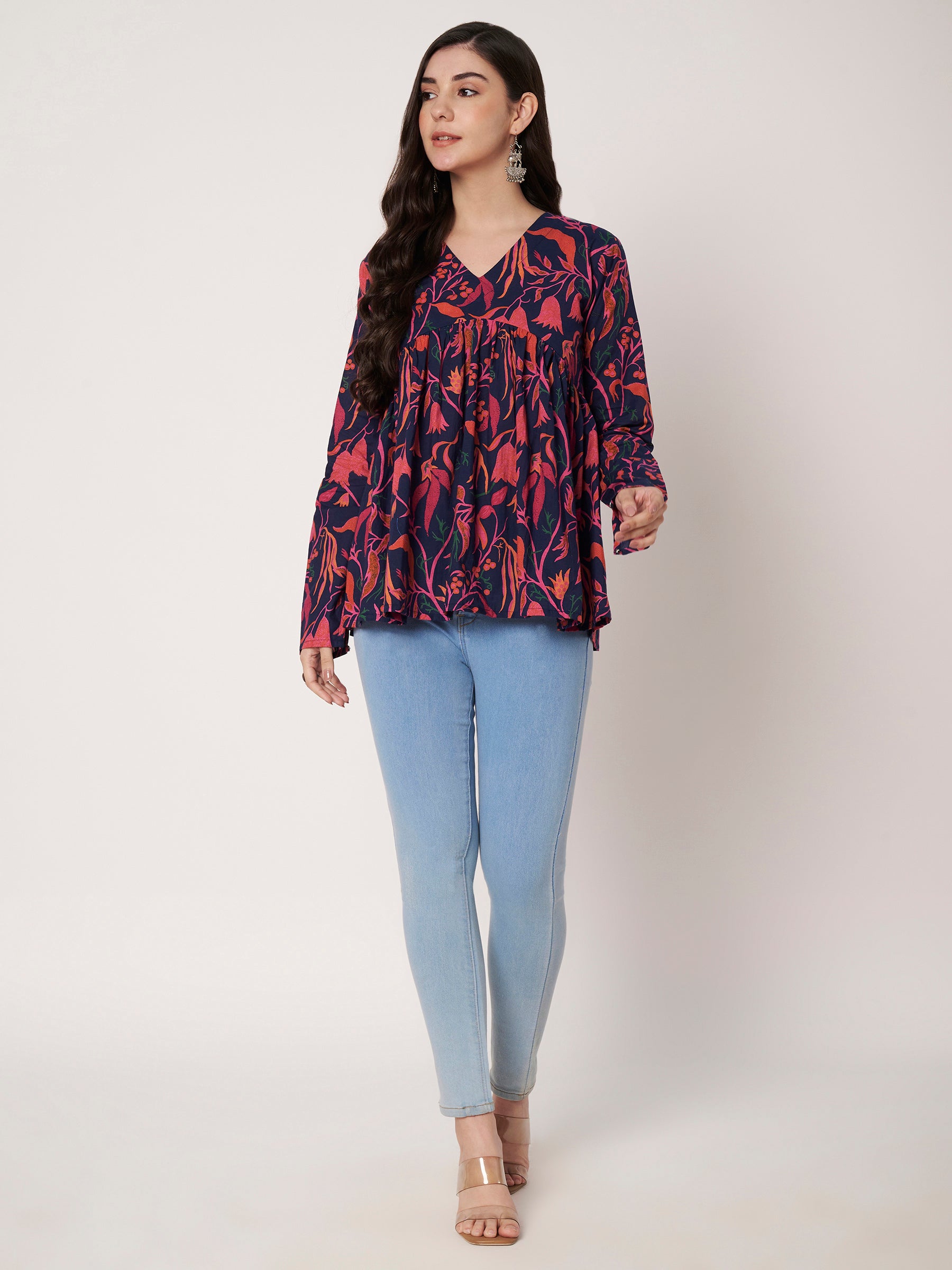Dark Blue Printed Alia-Cut Cotton Top