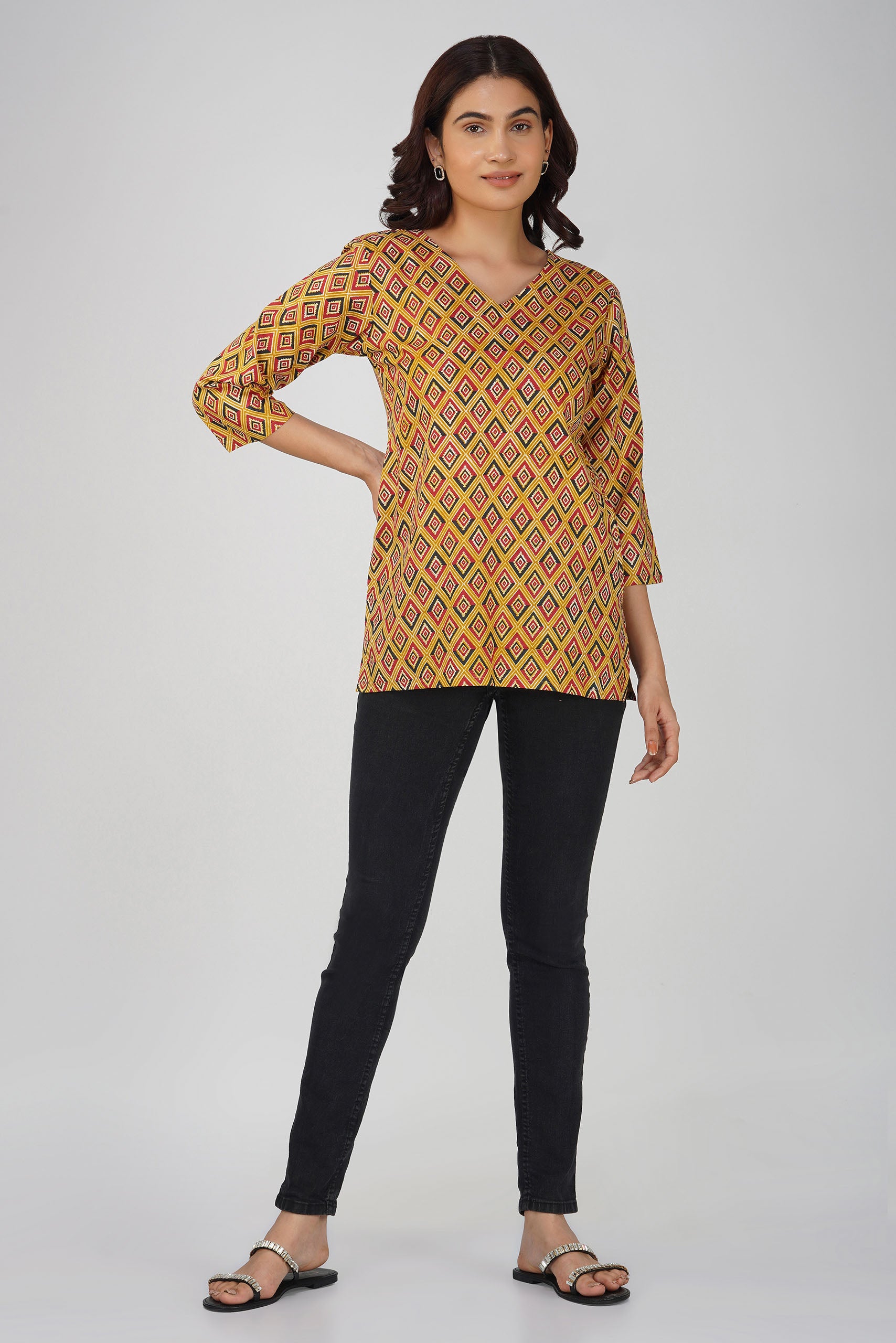 Mustard Printed V-Neck Cotton Top