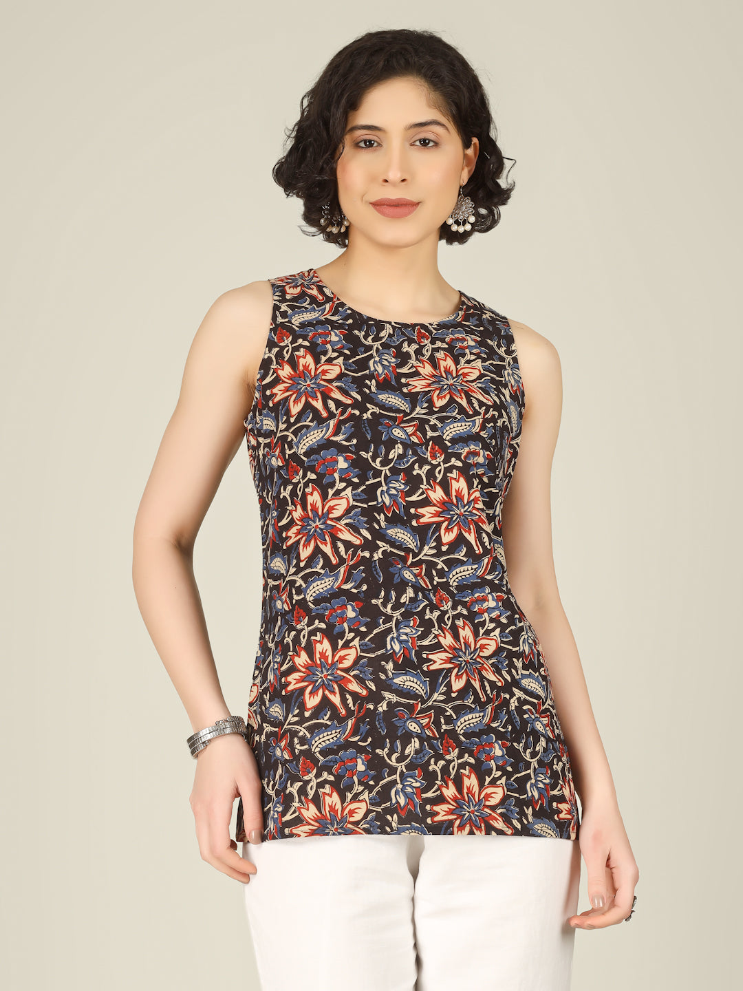 Black Printed Round Neck Sleeveless Cotton Top