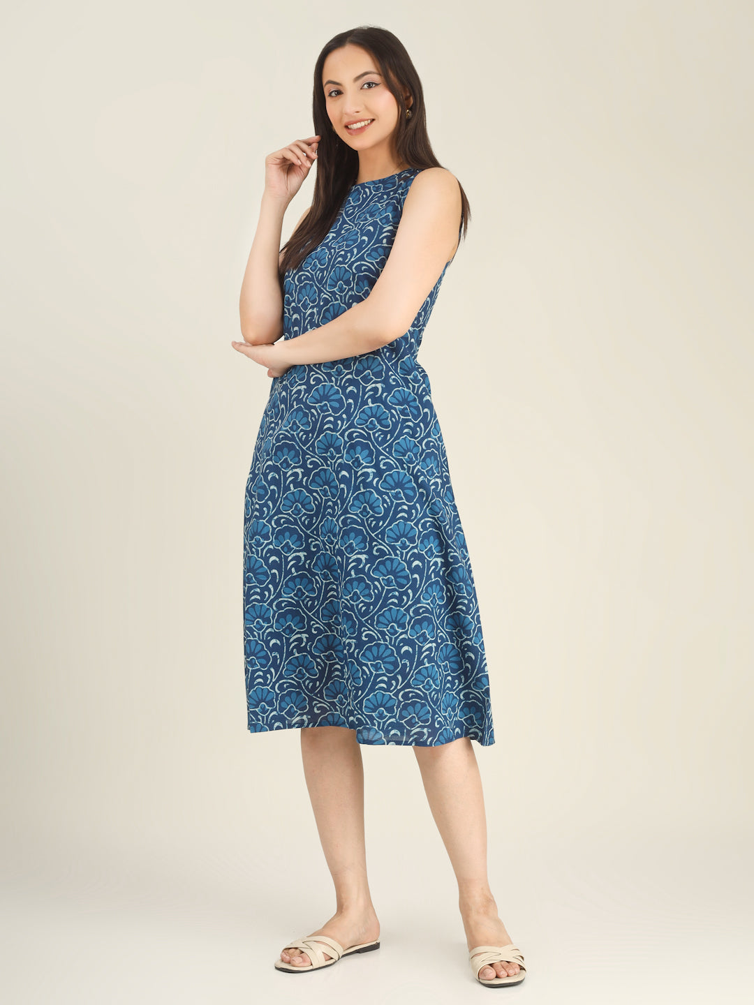 Blue Printed Sleeveless A-Line Cotton Dress