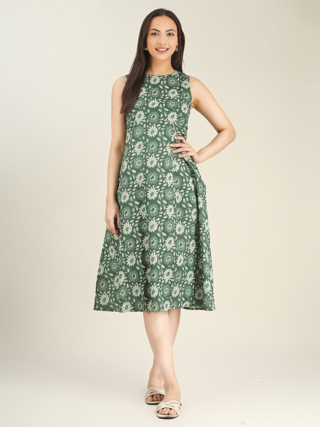Green Printed Sleeveless A-Line Cotton Dress