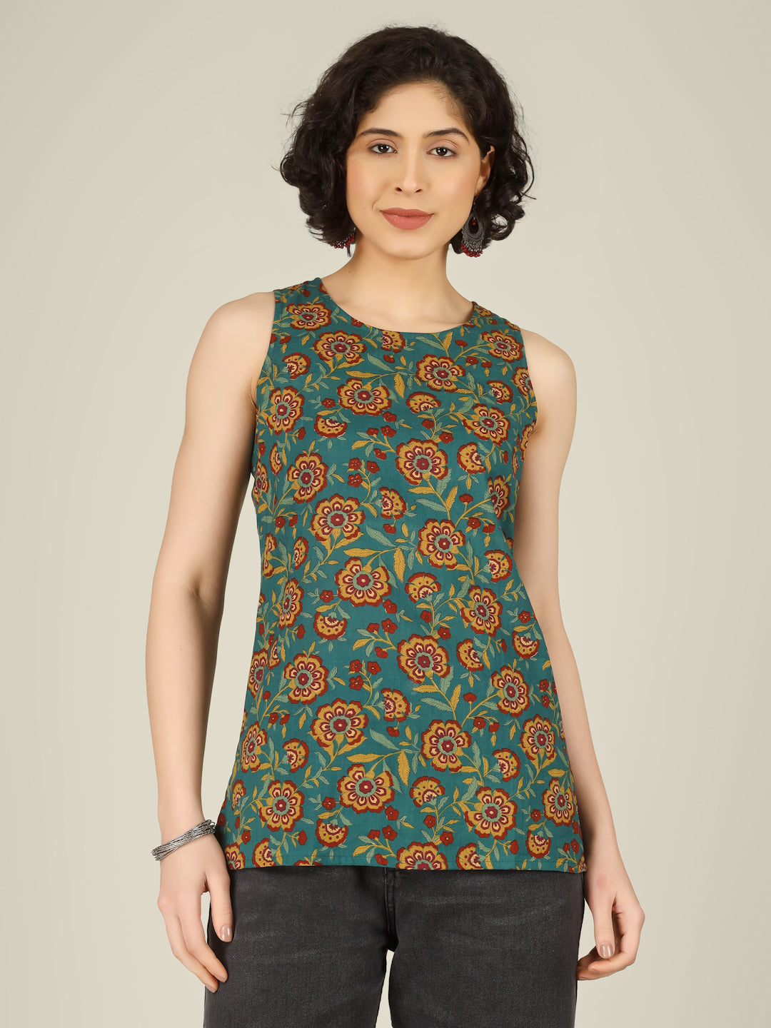 Green Printed Round Neck Sleeveless Cotton Top