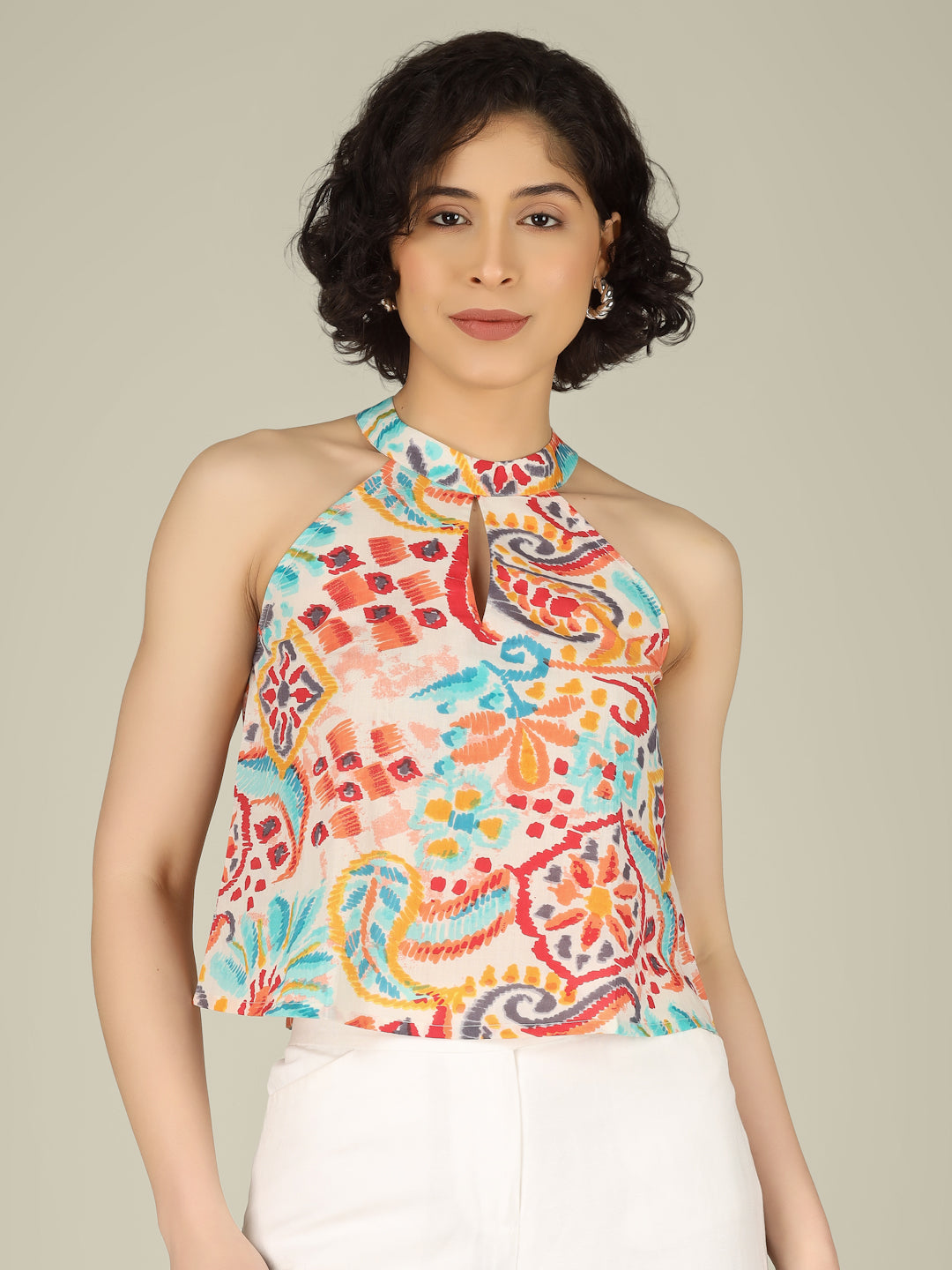 White Printed Halter Neck Sleeveless Cotton Top