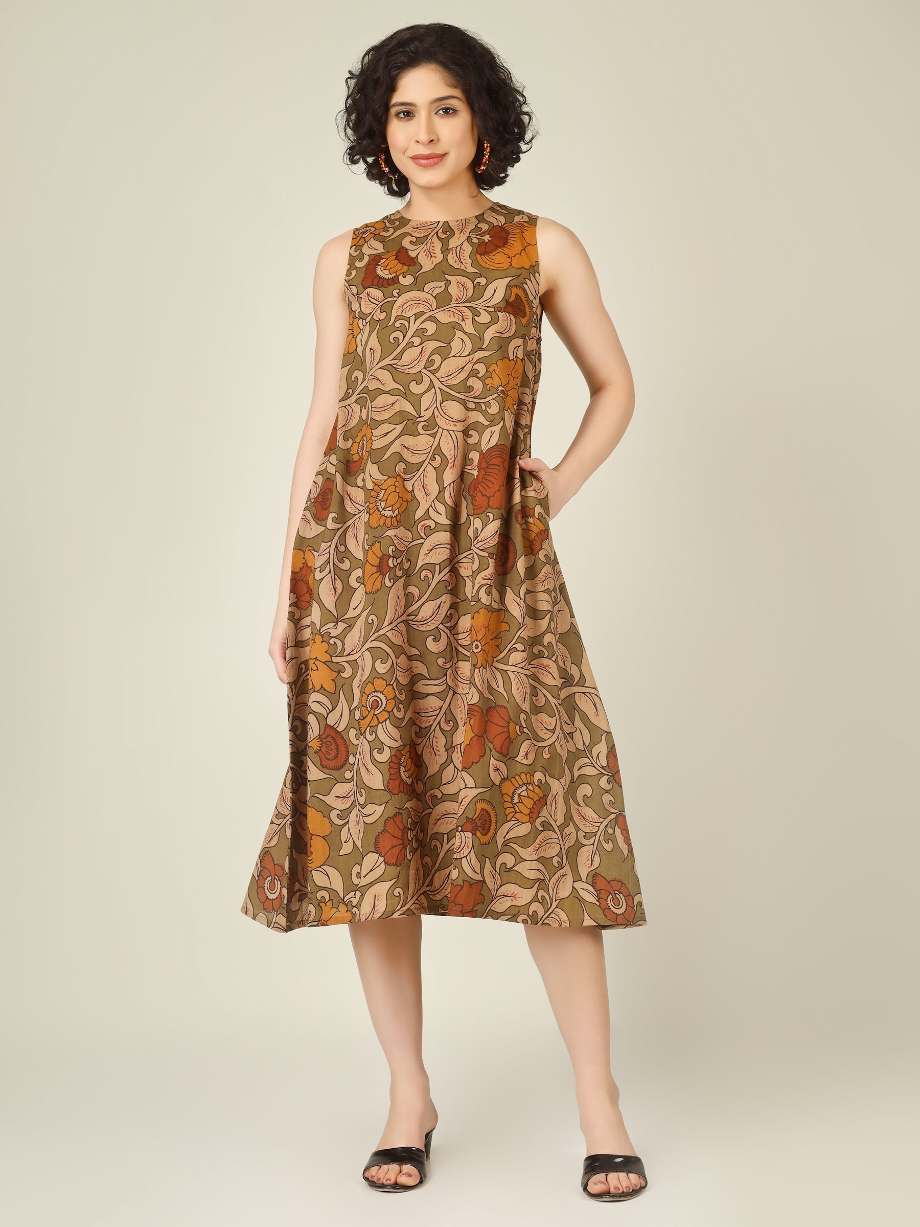 Olive Printed Sleeveless A-Line Cotton Dress