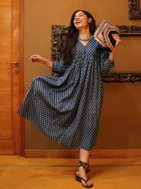 Blue Printed Flared Cotton Dress