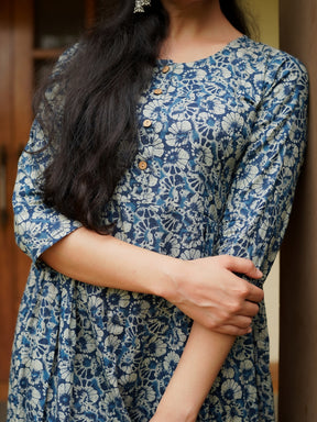 Blue Printed Flared Cotton Dress