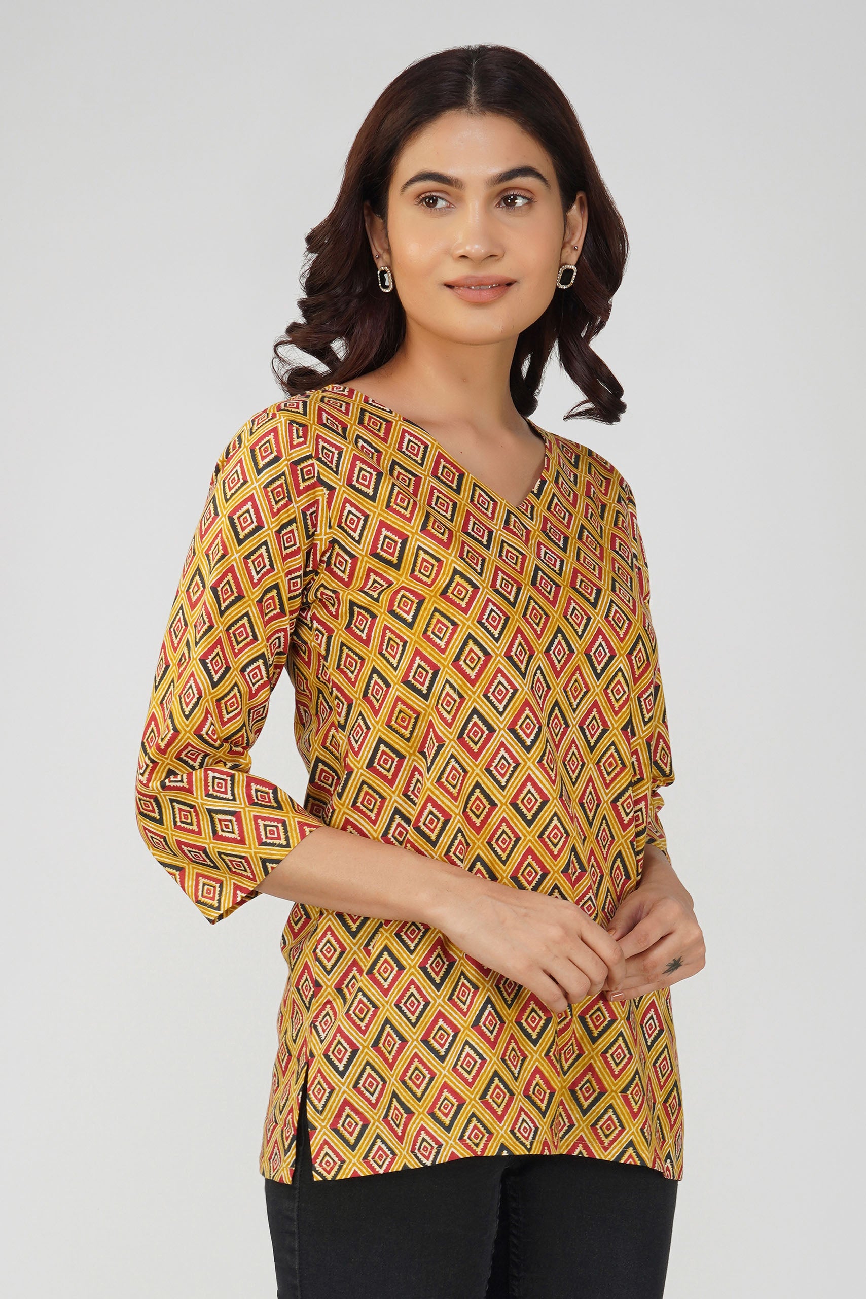 Mustard Printed V-Neck Cotton Top