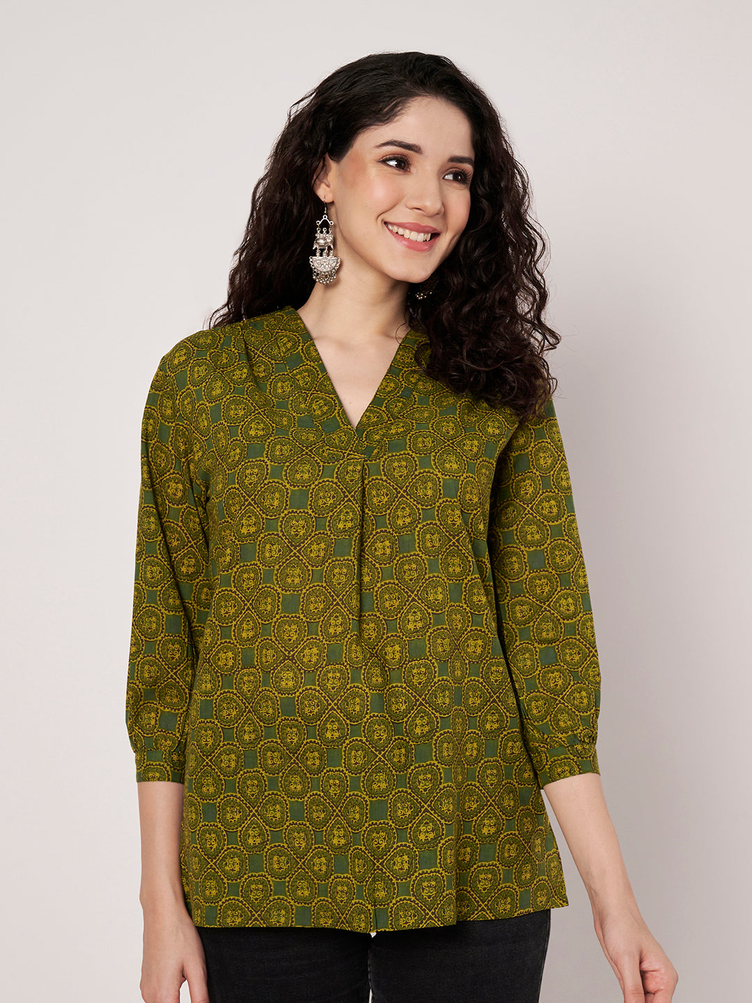 Green Printed V-Neck Cotton Top