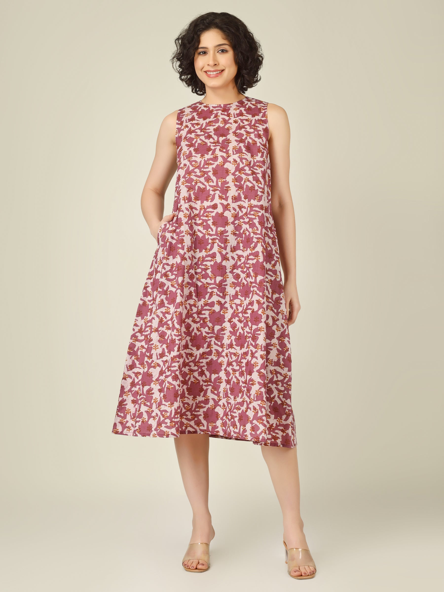 White Printed Sleeveless A-Line Cotton Dress