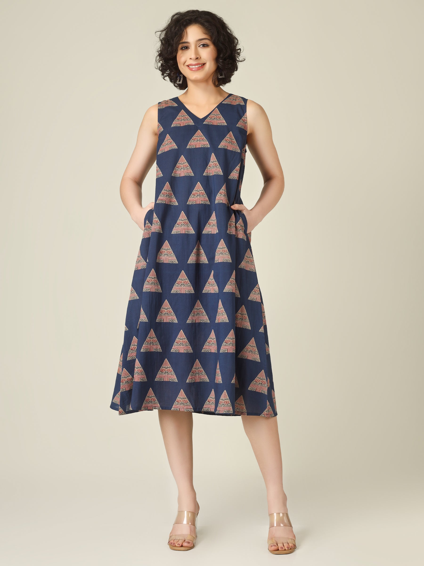 Blue Printed V-Neck Sleeveless A-Line Cotton Dress
