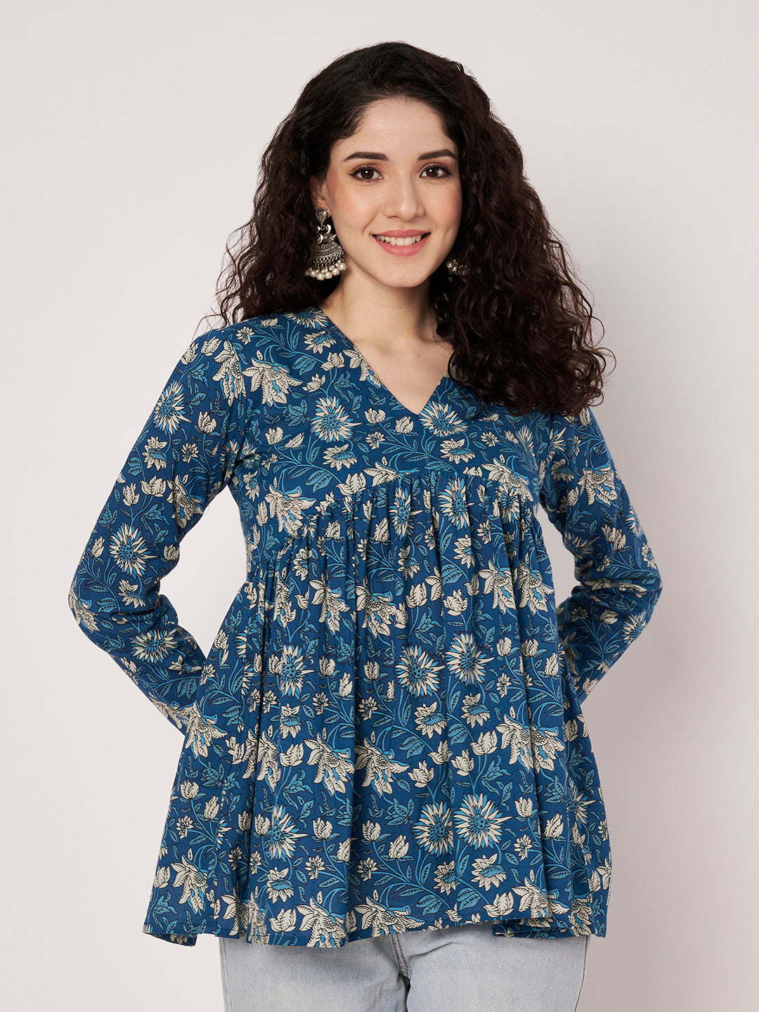 Blue Printed Alia-Cut Cotton Top