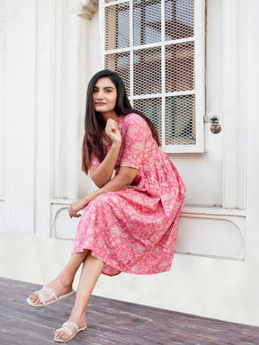 Pink Printed Flared Cotton Dress