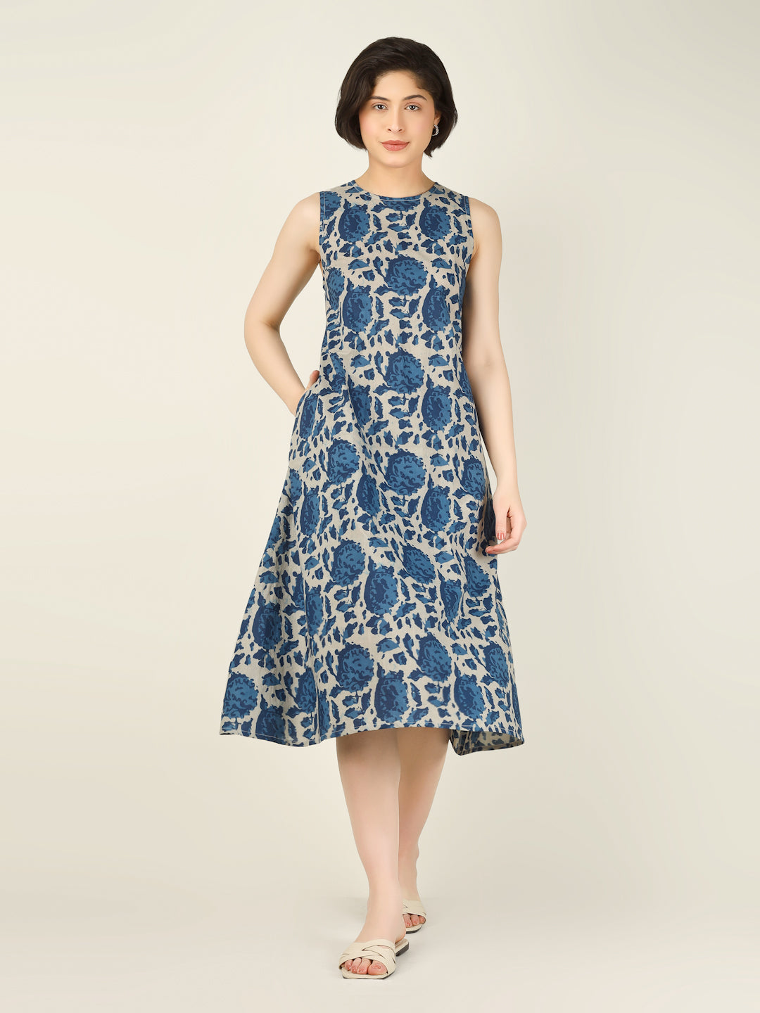 Blue Printed Sleeveless A-Line Cotton Dress