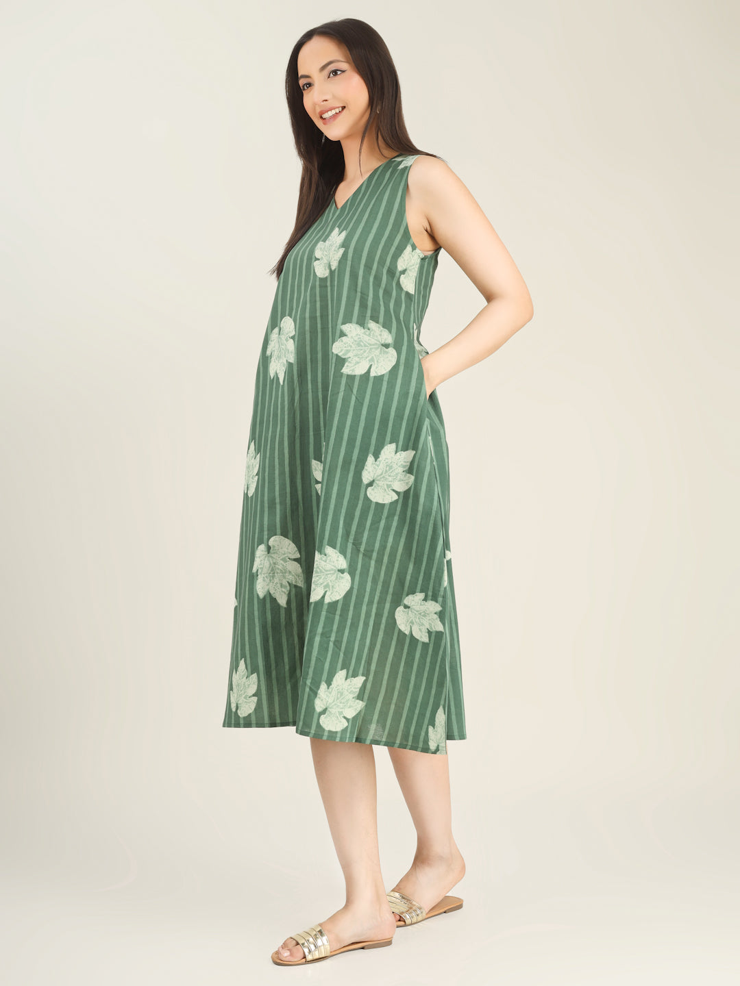 Green Printed Sleeveless V-Neck A-Line Cotton Dress