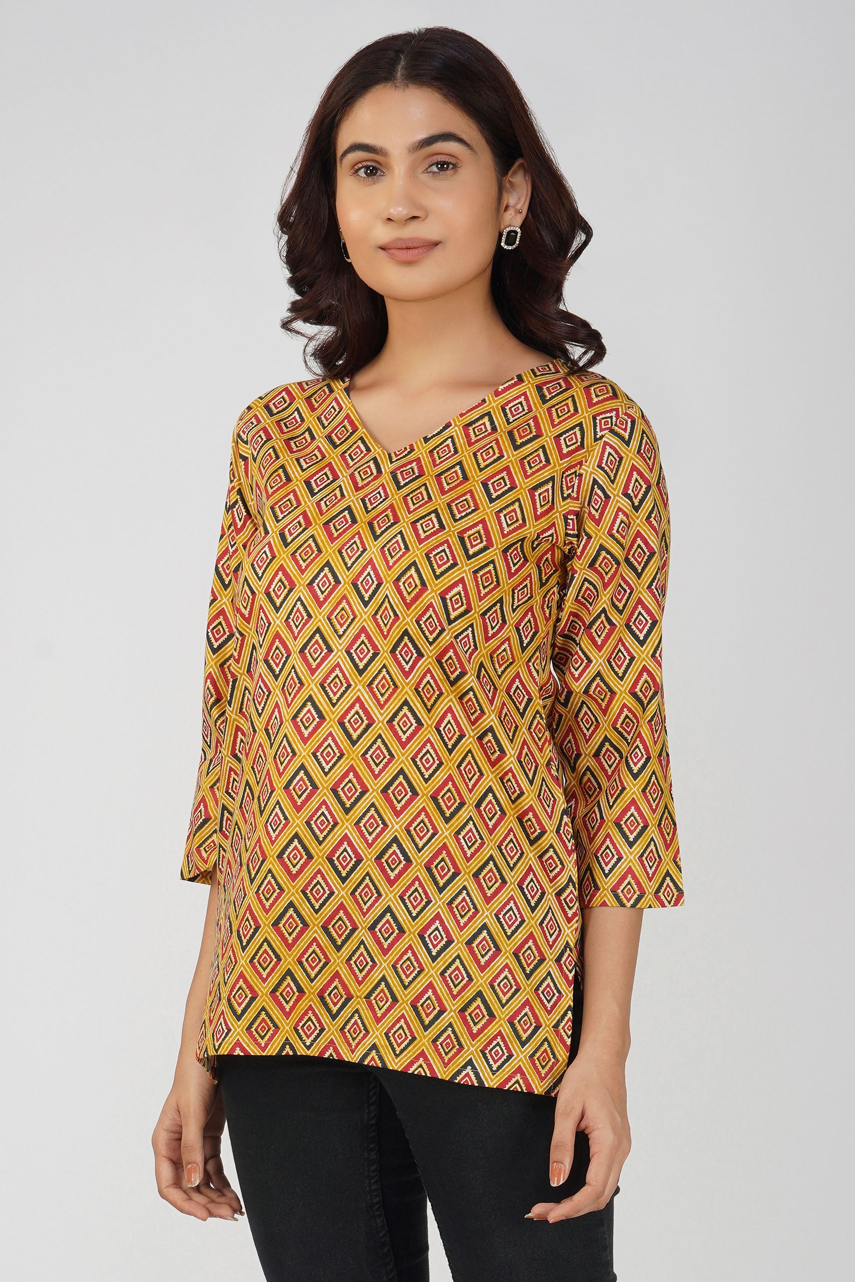 Mustard Printed V-Neck Cotton Top