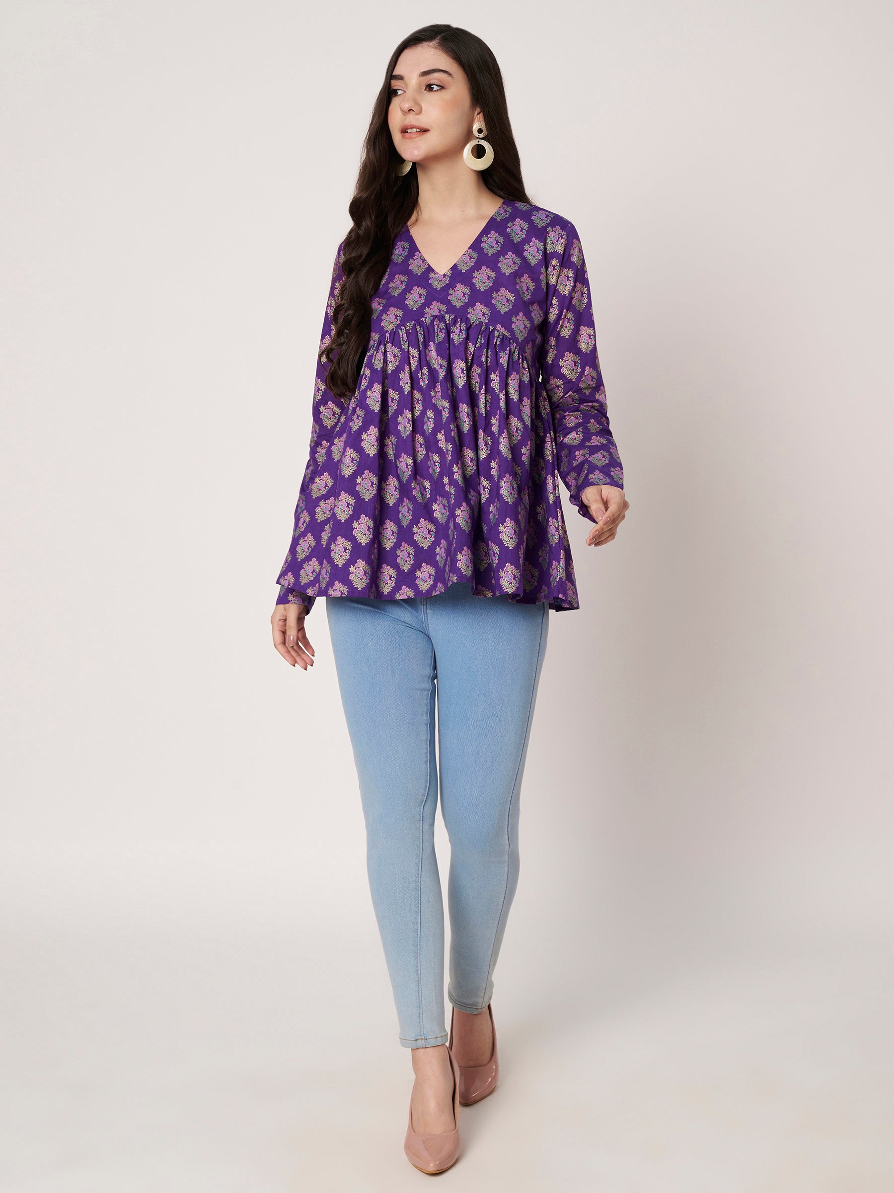 Purple Printed Alia-Cut Cotton Top