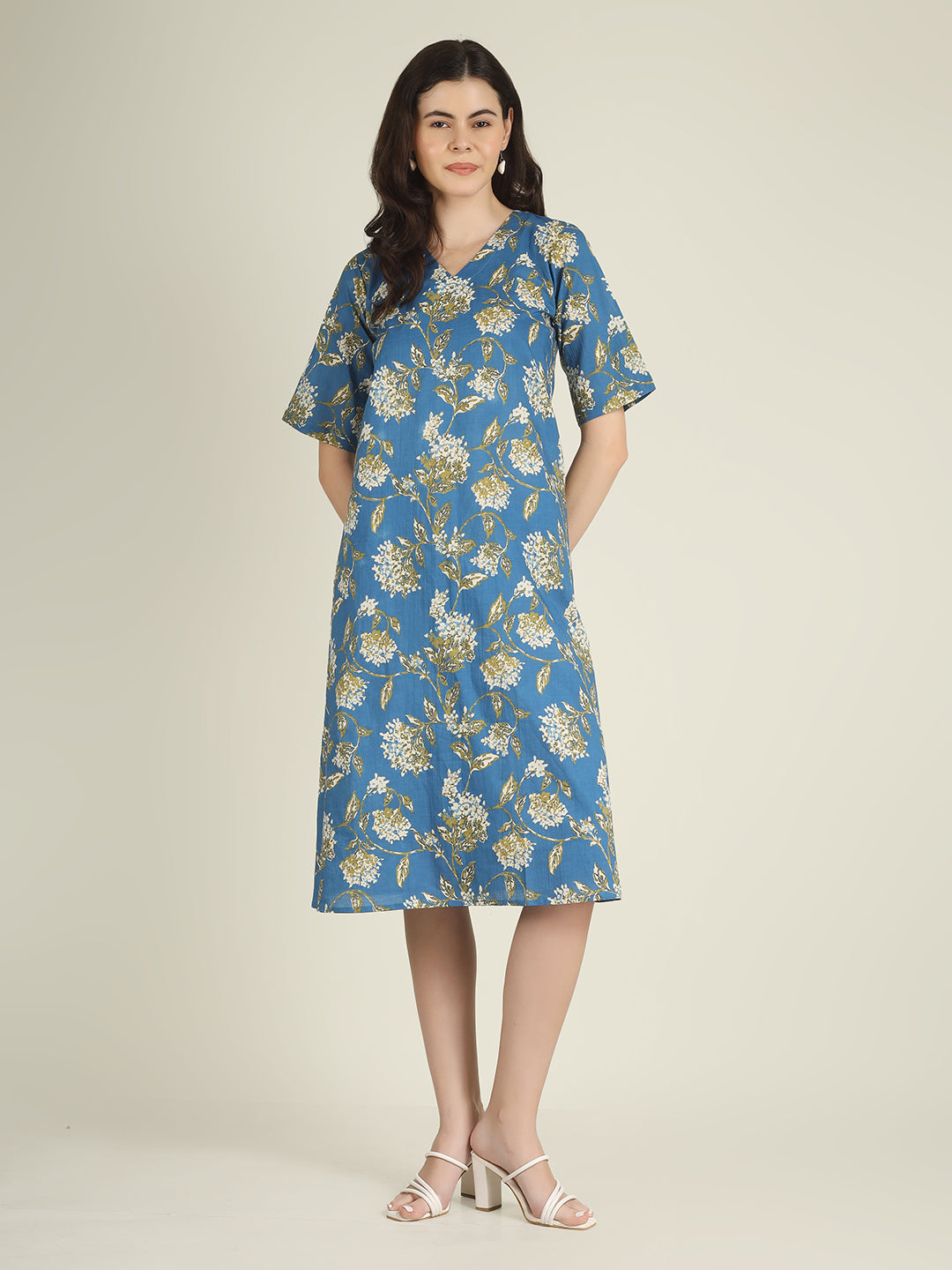 Blue Printed Half-Sleeve A-Line Cotton Dress