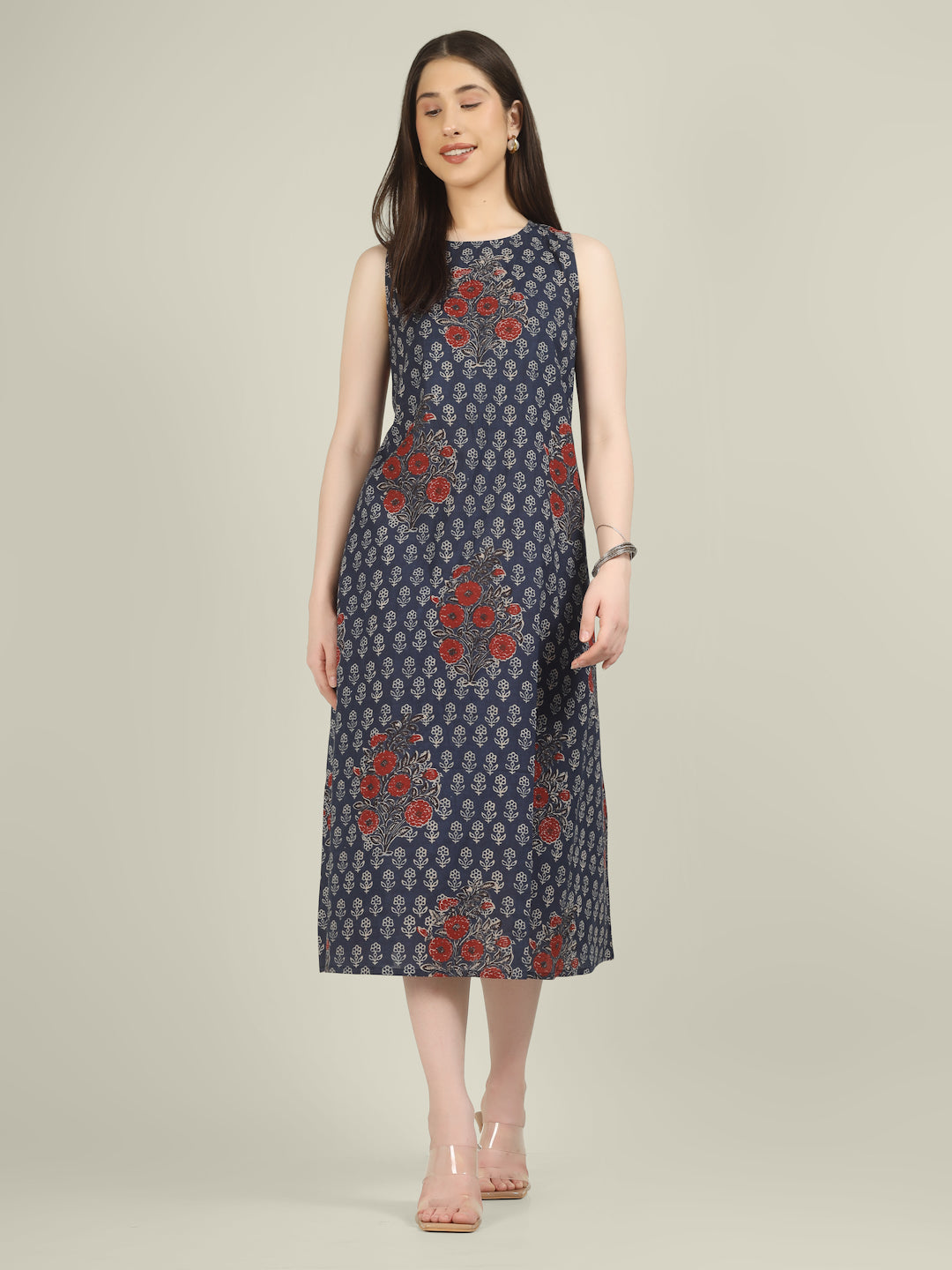 Navy Blue Printed Sleeveless A-Line Cotton Dress