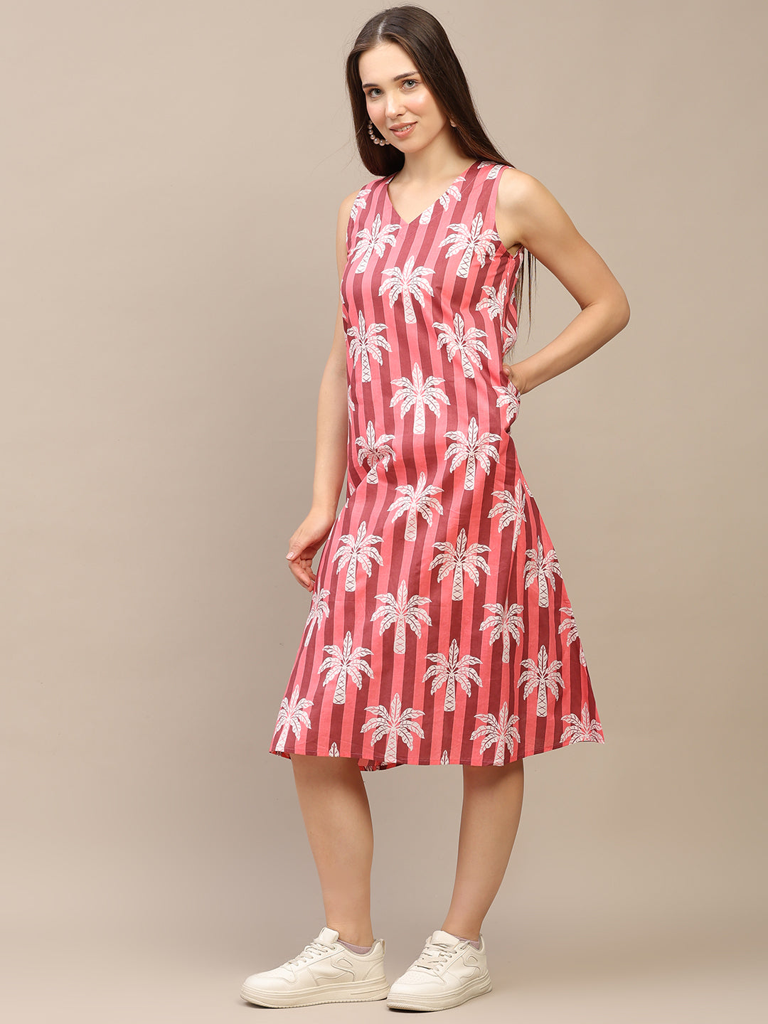 Pink Striped V-Neck Sleeveless A-Line Cotton Dress