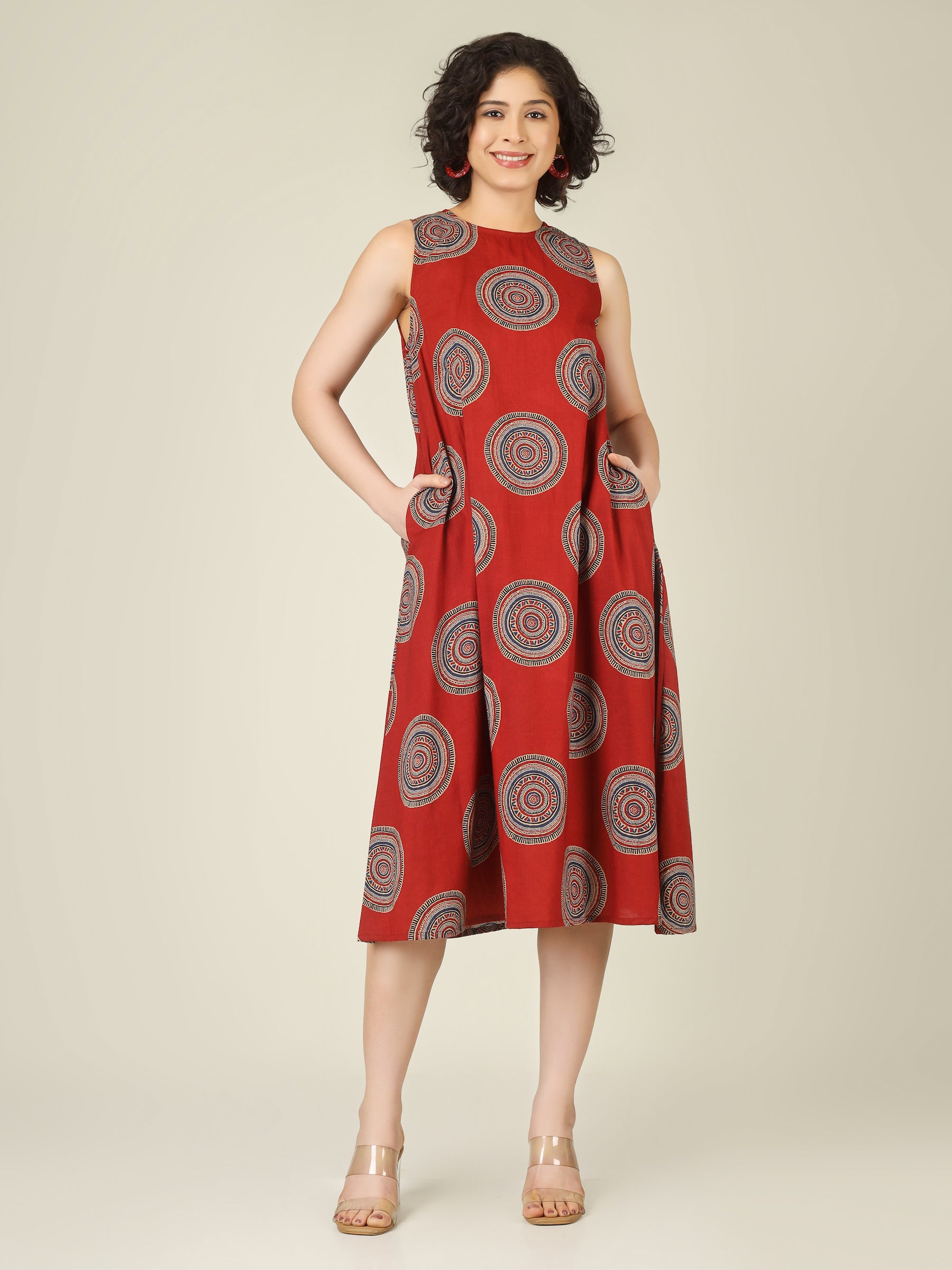 Maroon Printed Sleeveless A-Line Cotton Dress