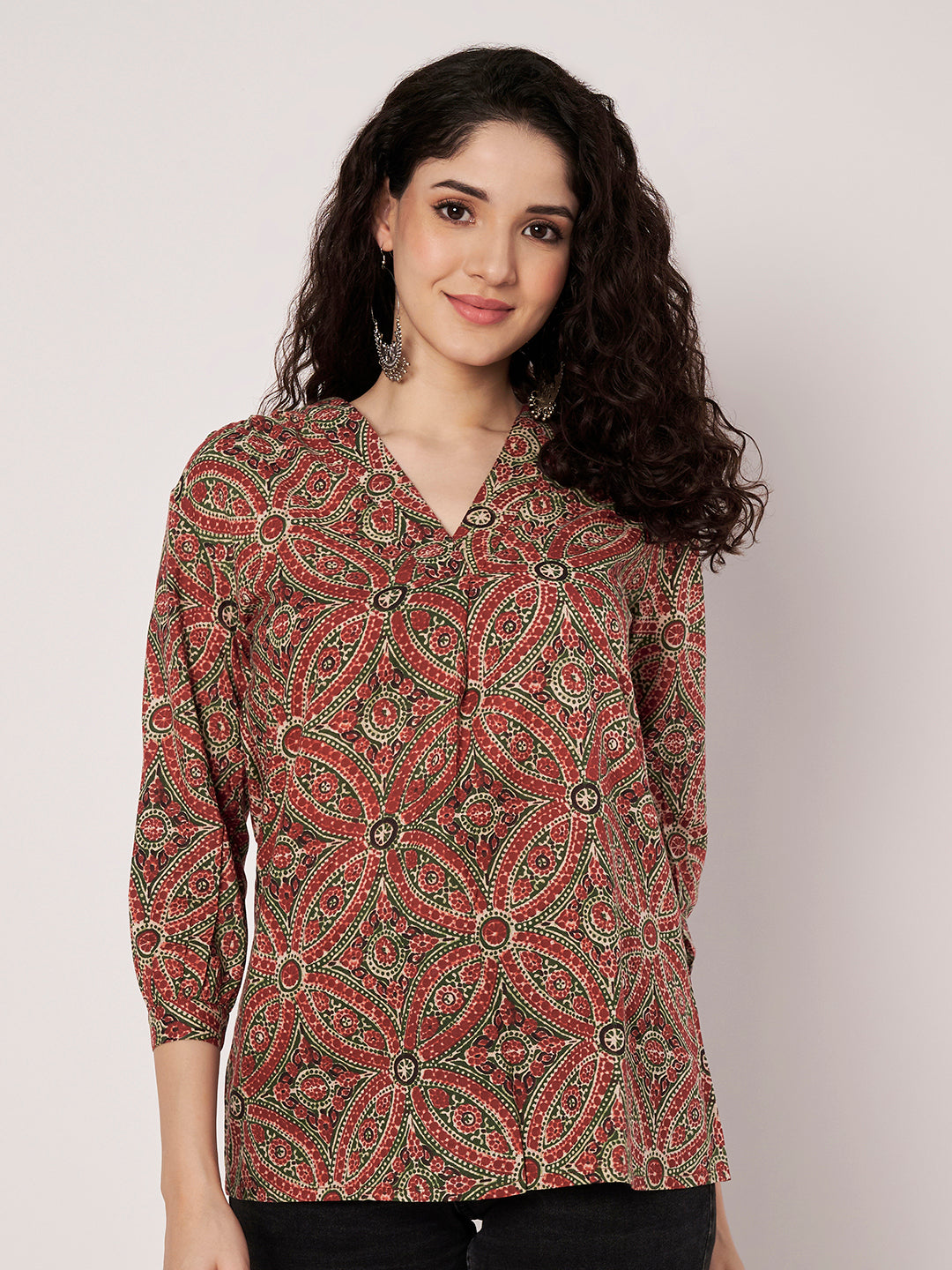 Maroon Printed V-Neck Cotton Top