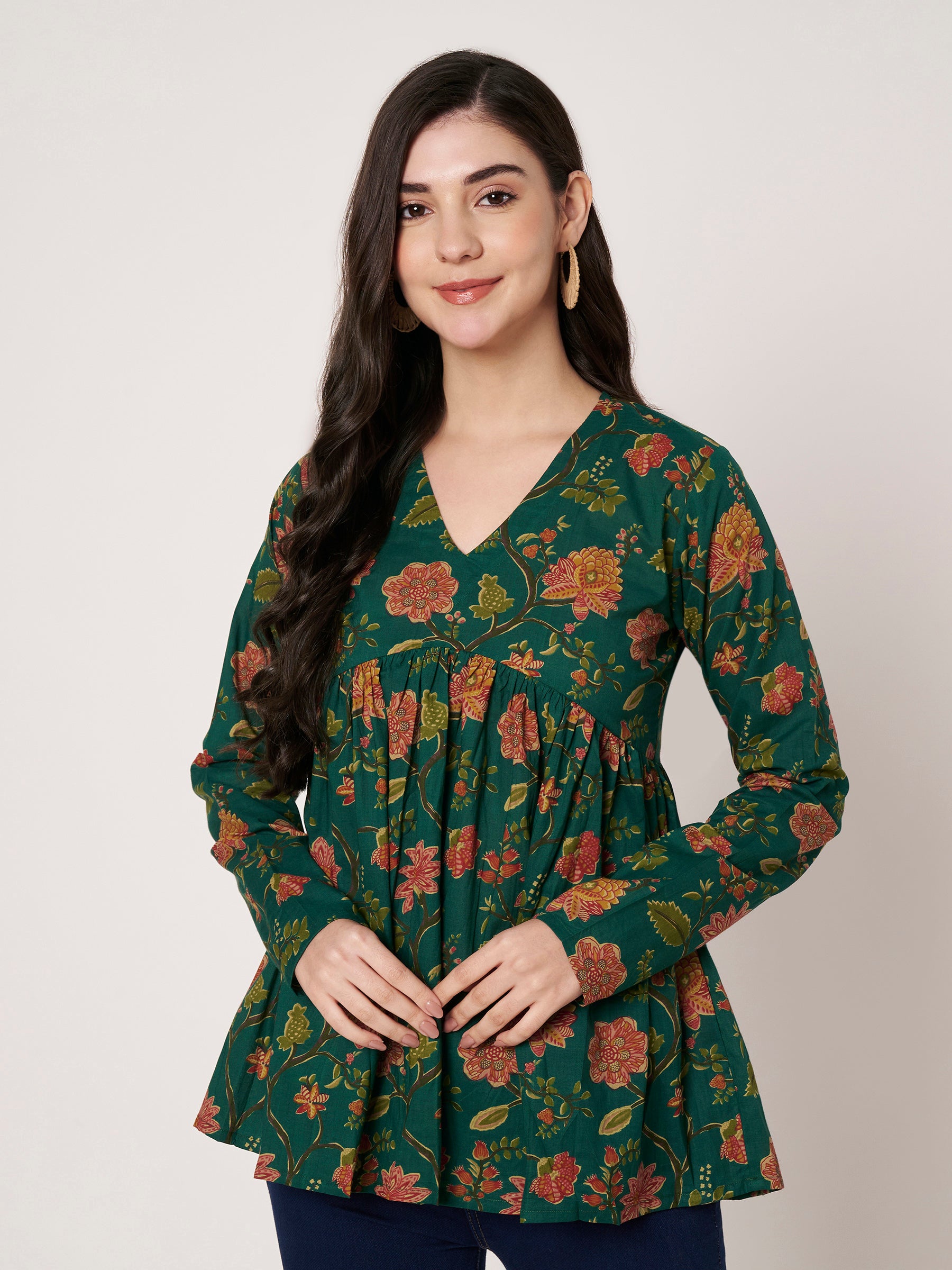 Green Printed Alia-Cut Cotton Top