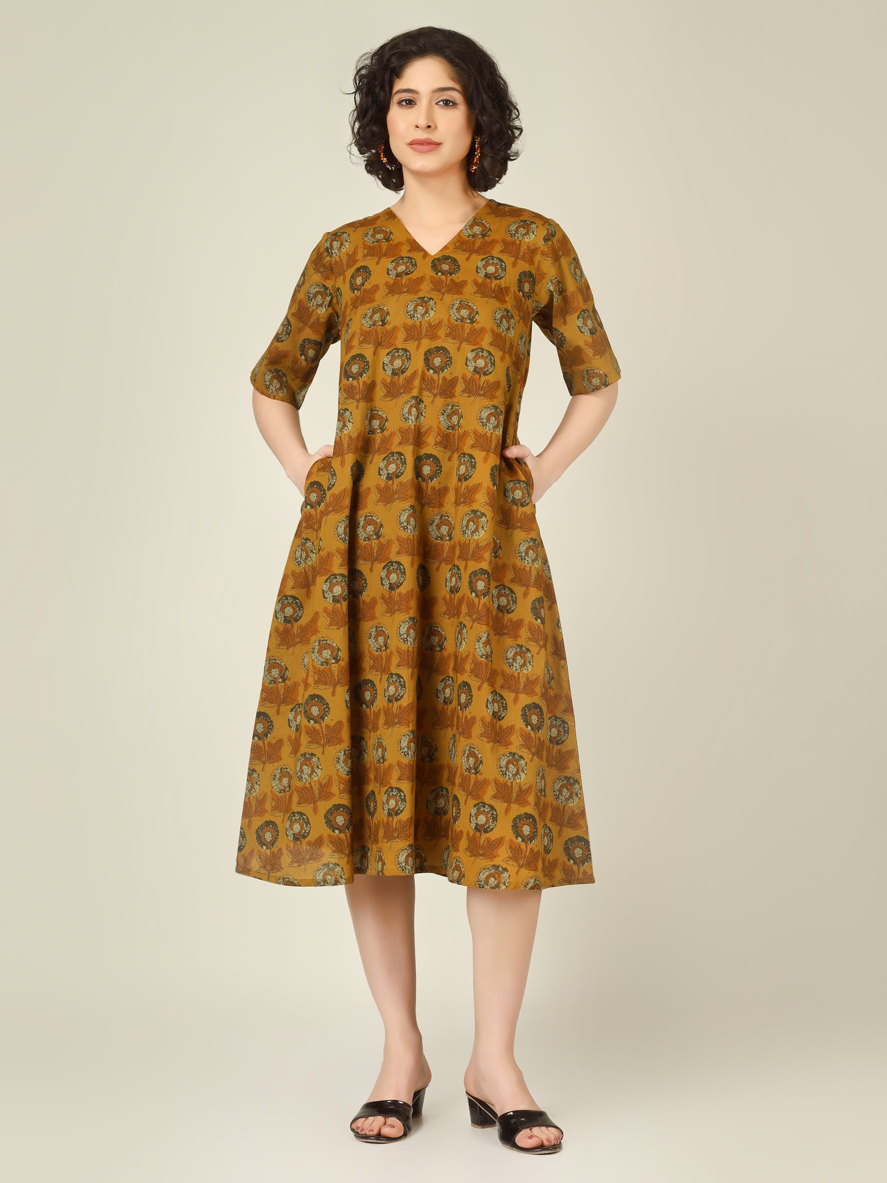 Mustard Printed Half-Sleeve A-Line Cotton Dress