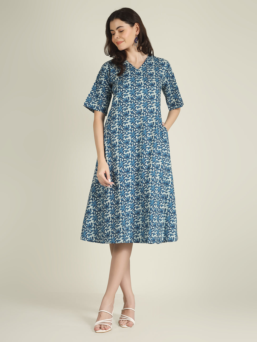 Blue Printed Half-Sleeve A-Line Cotton Dress