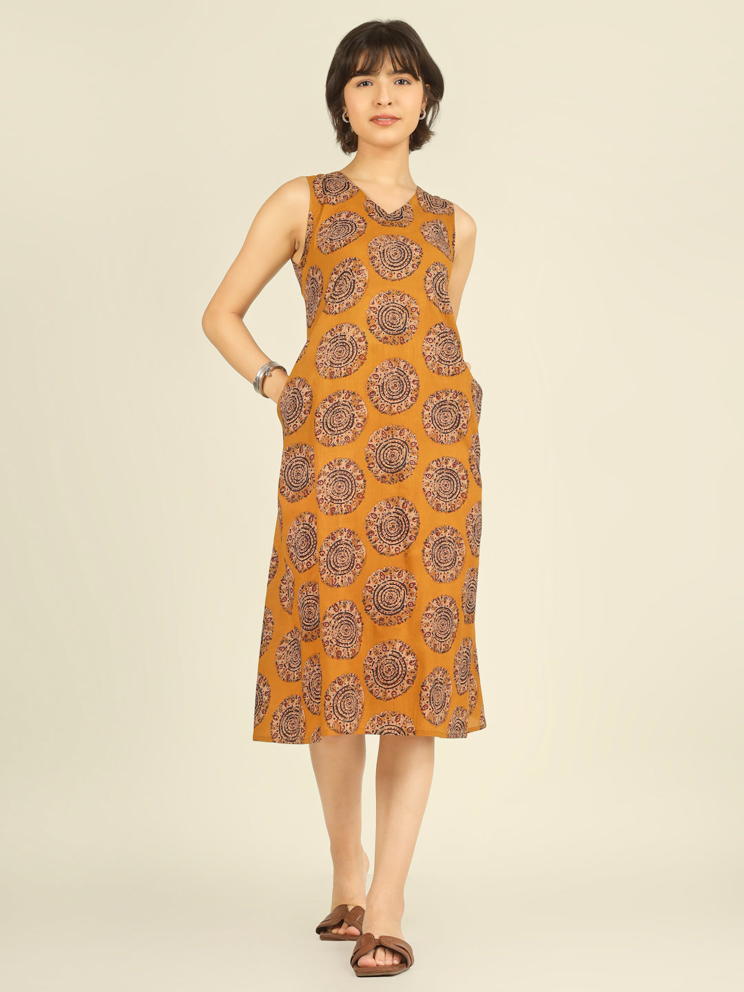 Mustard Printed V-Neck Sleeveless A-Line Cotton Dress