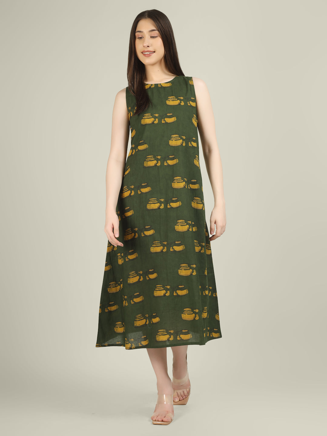 Green Printed Sleeveless A-Line Cotton Dress