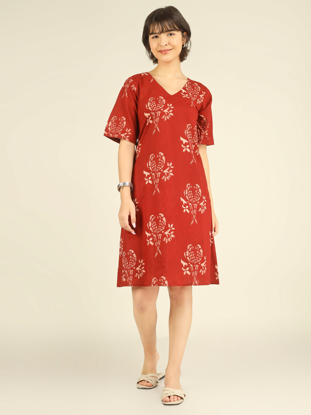 Red Printed Half-Sleeve A-Line Short Cotton Dress
