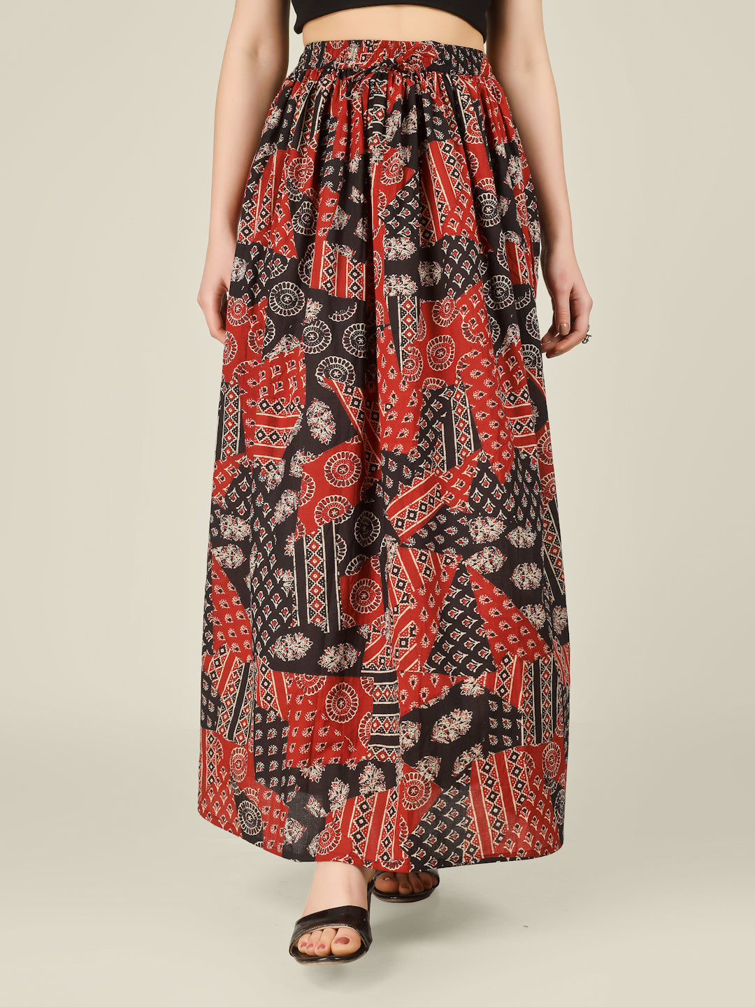 Red and Black Printed Cotton Maxi Skirt