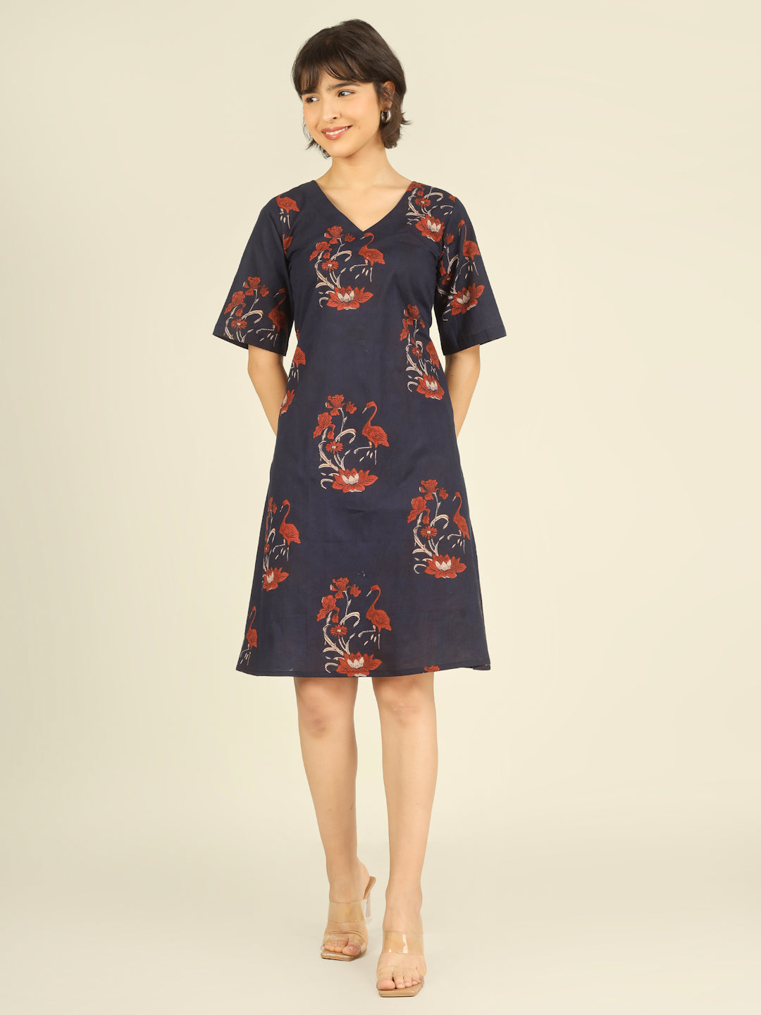 Navy Blue Printed Half-Sleeve A-Line Short Cotton Dress