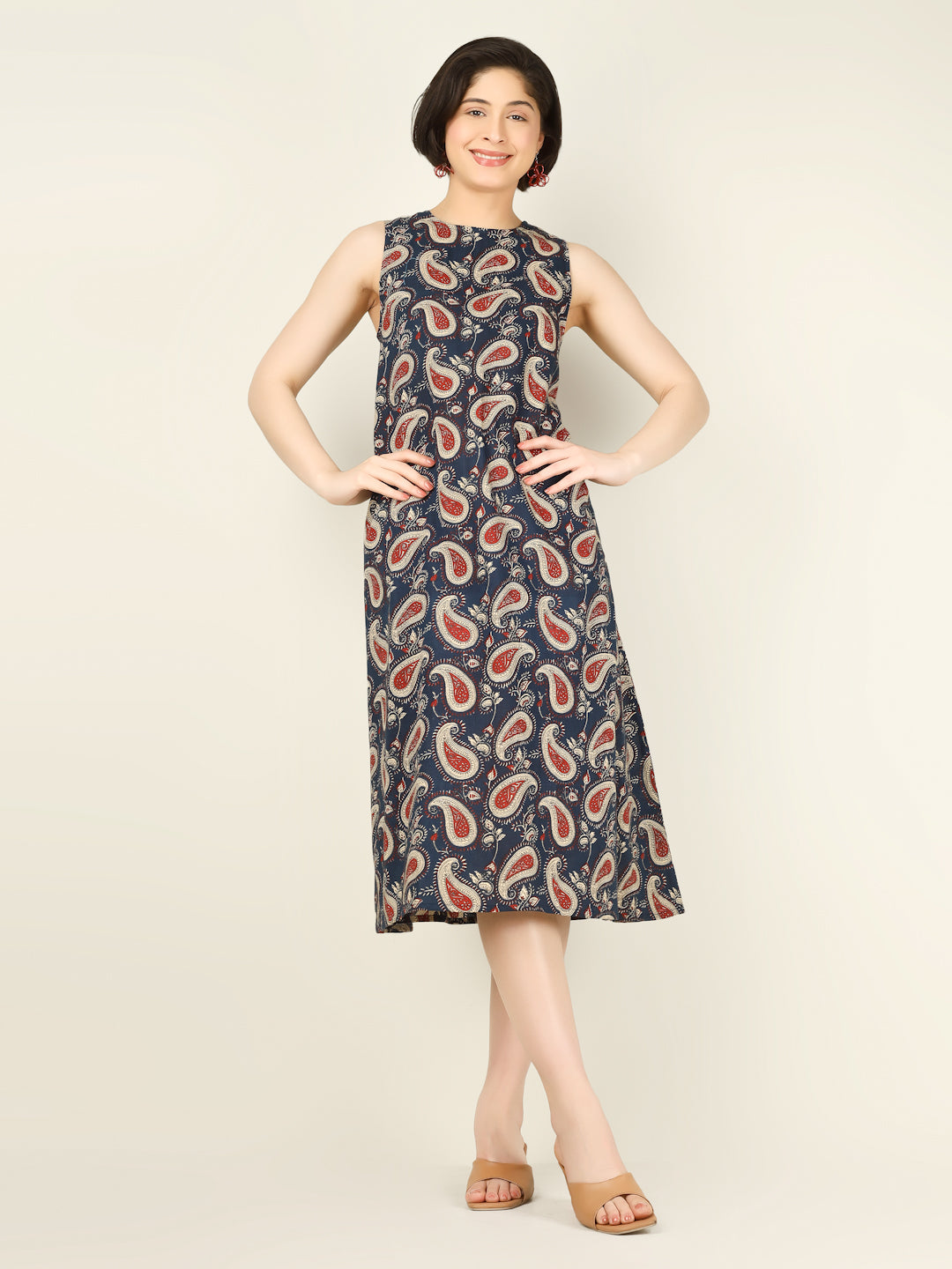Navy Blue Printed Sleeveless A-Line Cotton Dress