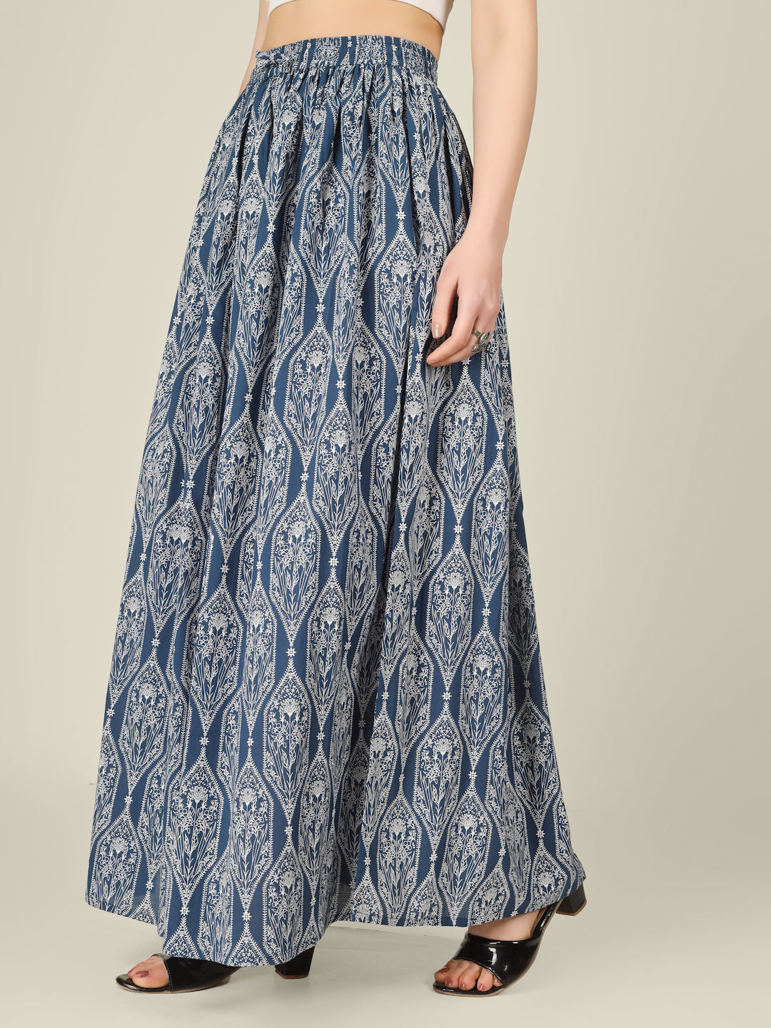 Blue Printed Cotton Maxi Skirt