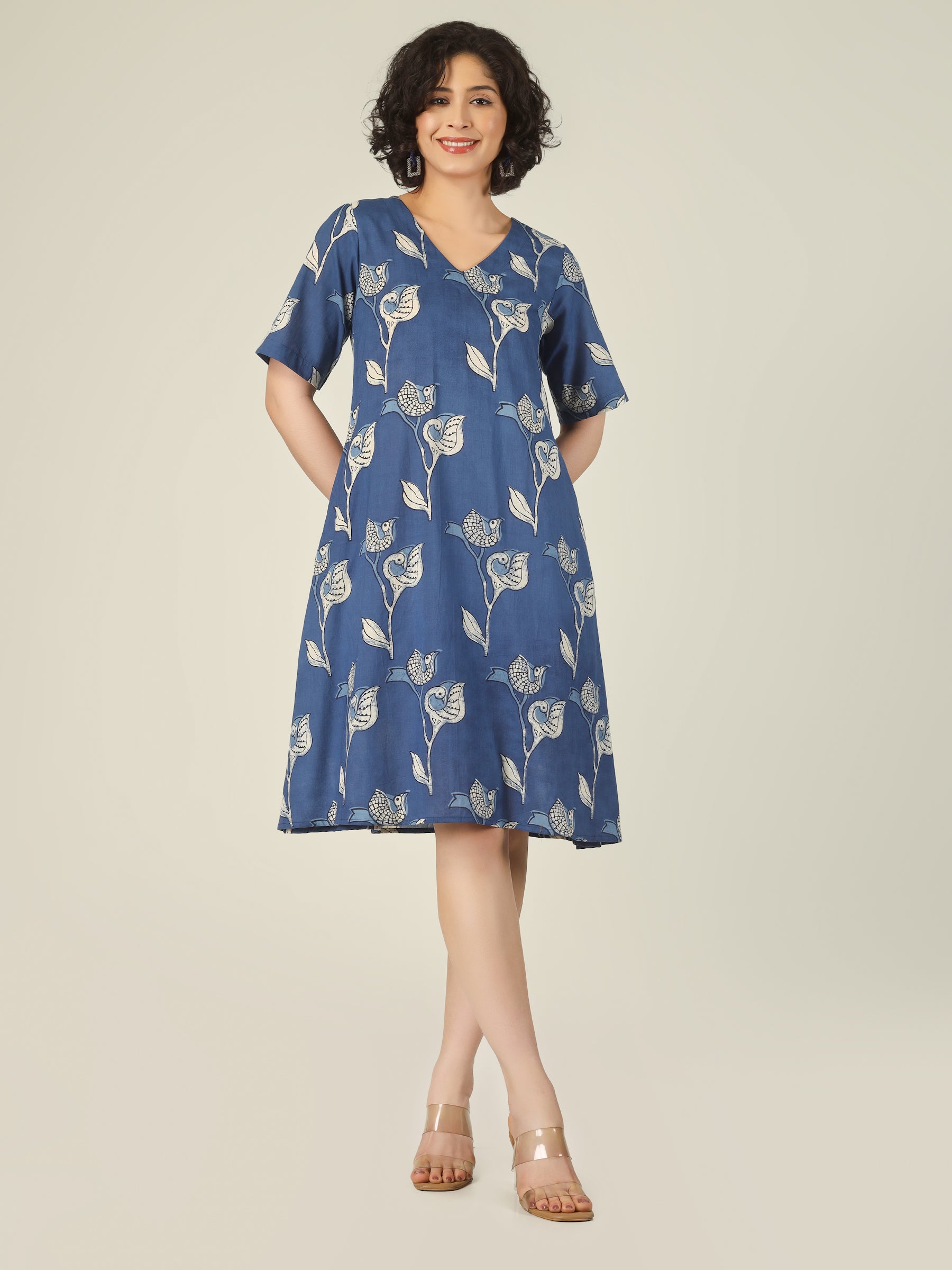 Navy Blue Printed Short A-Line Cotton Dress