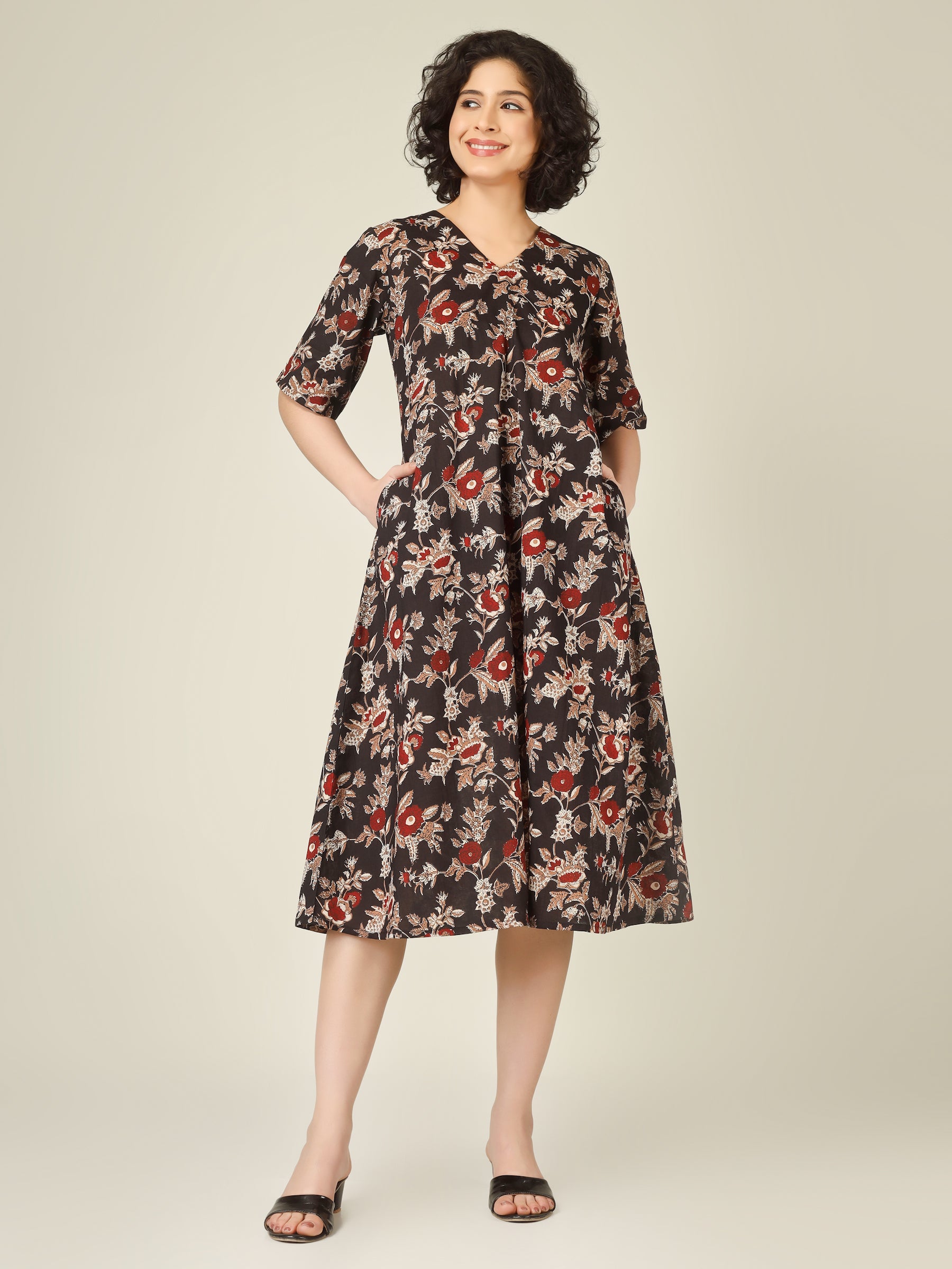 Black Printed Half-Sleeve A-Line Cotton Dress