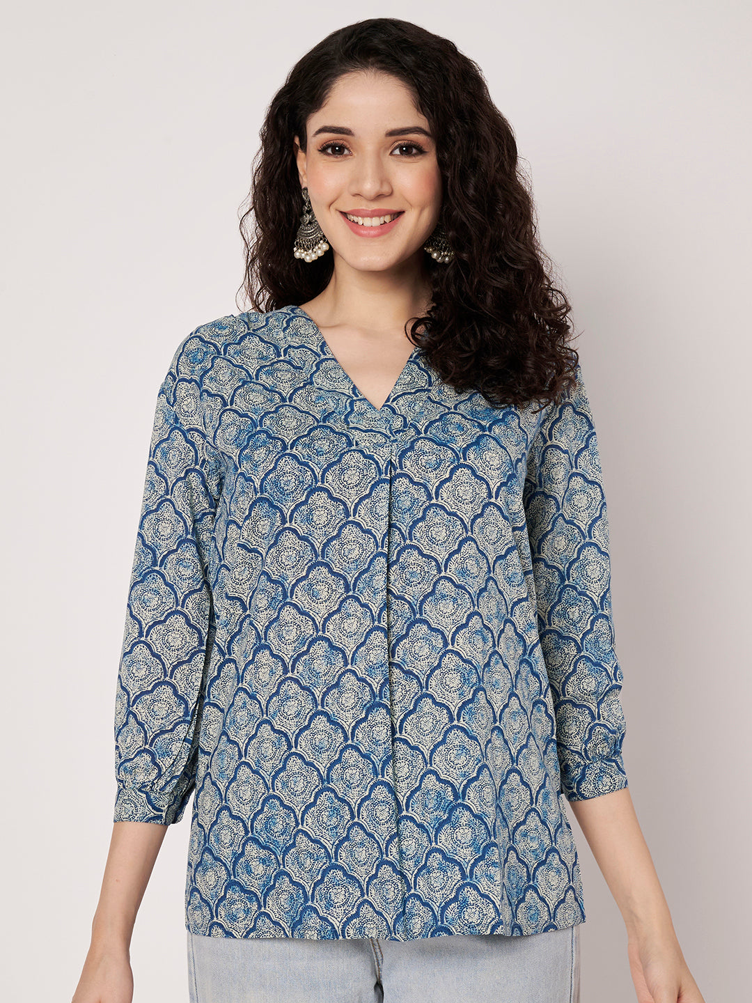 Light Blue Printed V-Neck Cotton Top