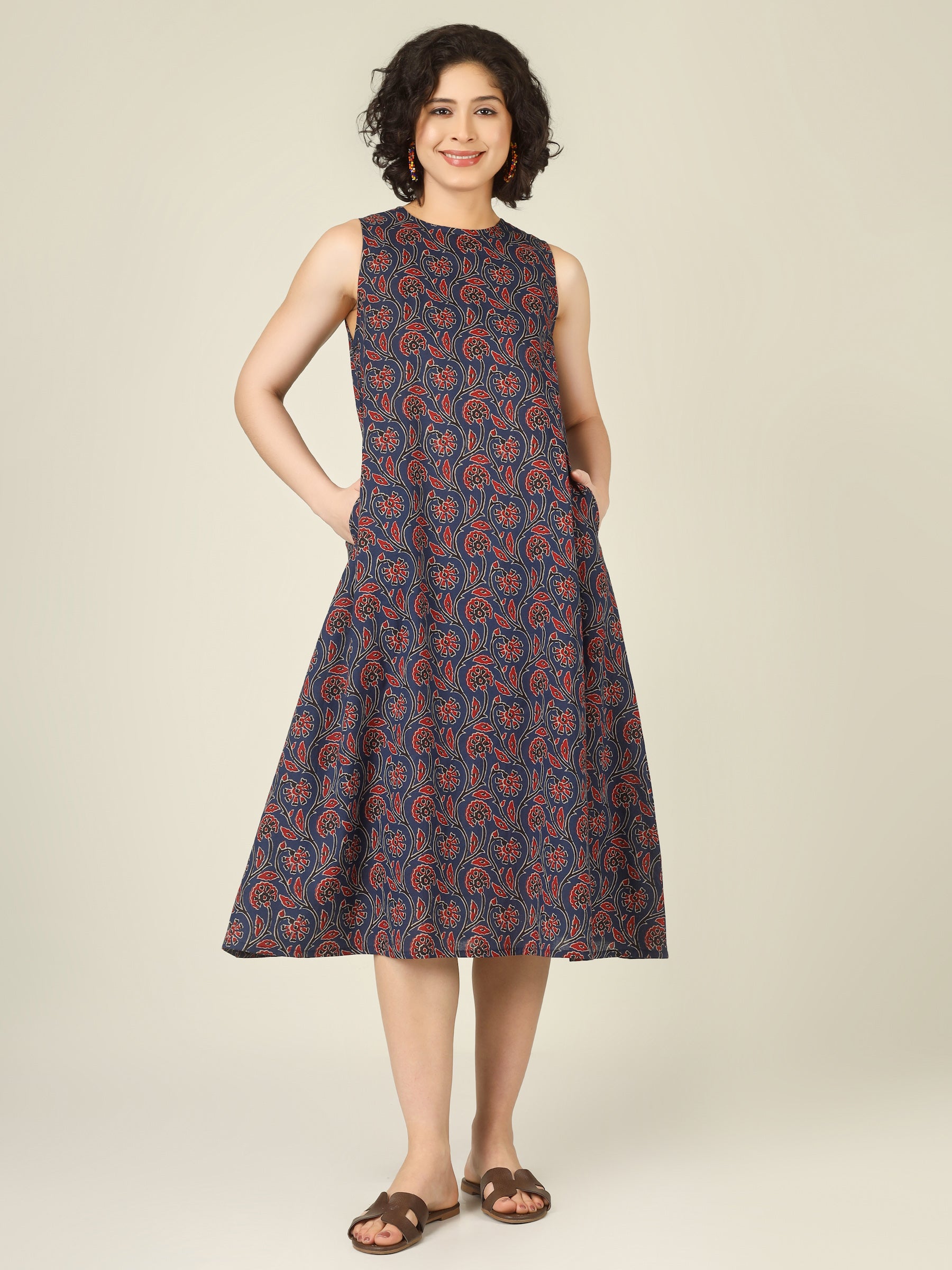 Navy Blue Printed Sleeveless A-Line Cotton Dress