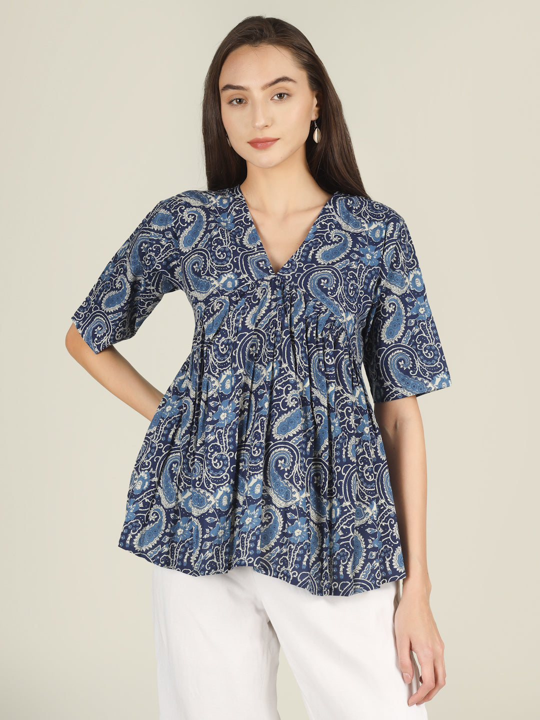 Blue Printed Half-Sleeve Alia-Cut Cotton Peplum Top