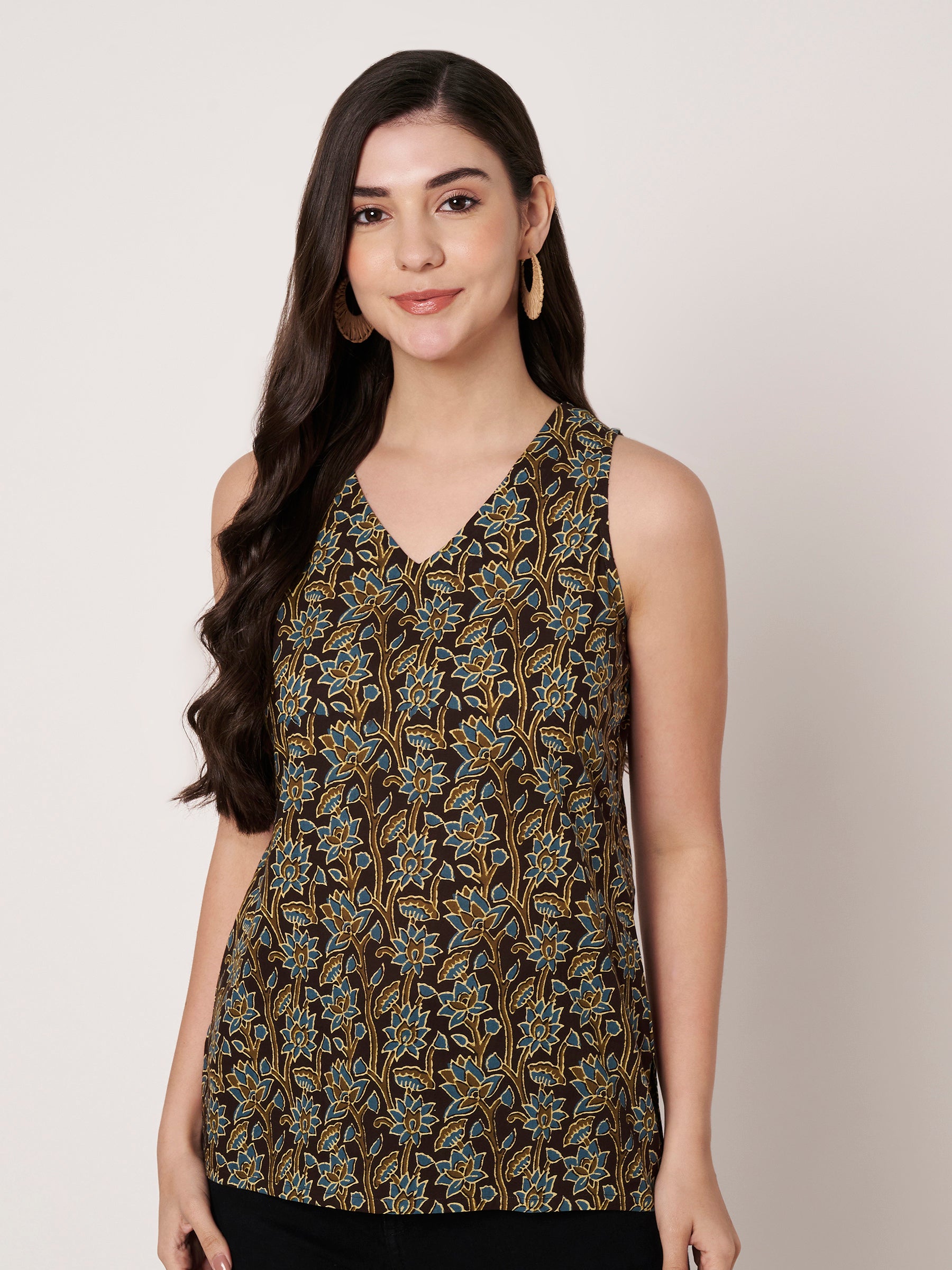Brown Printed Sleeveless V-Neck Cotton Top