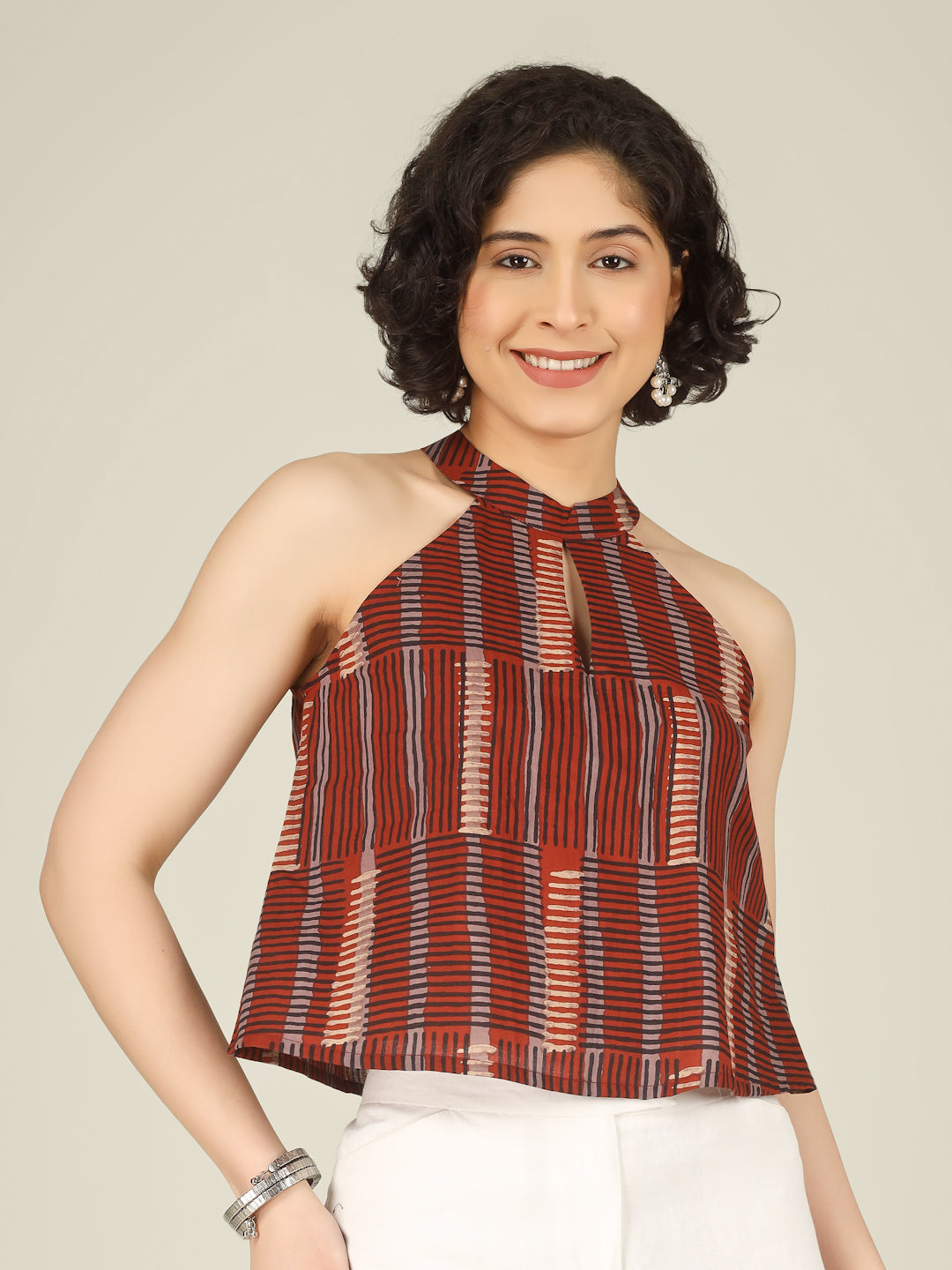 Rust Printed Halter Neck Sleeveless Cotton Top