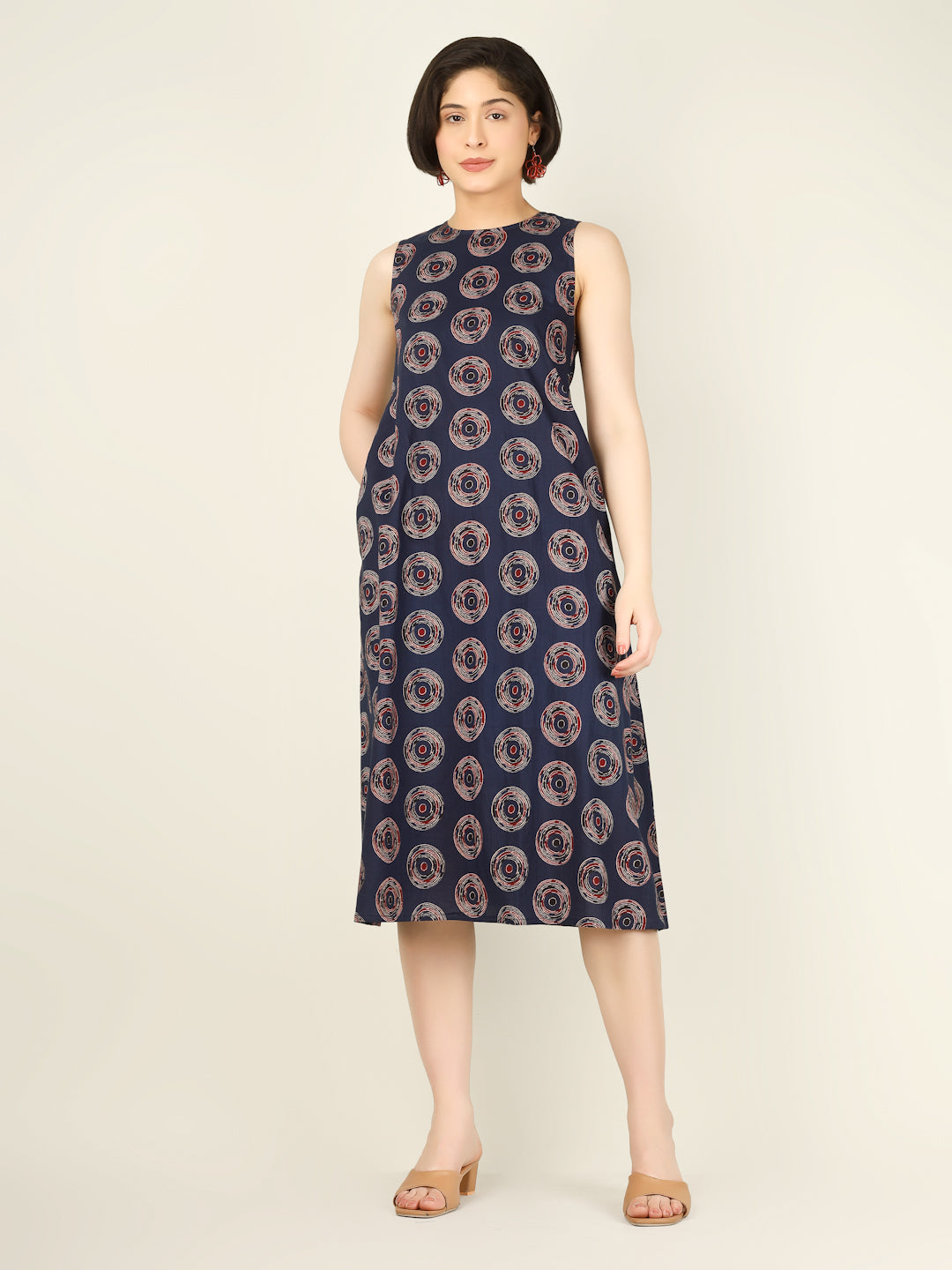 Navy Blue Printed Sleeveless A-Line Cotton Dress